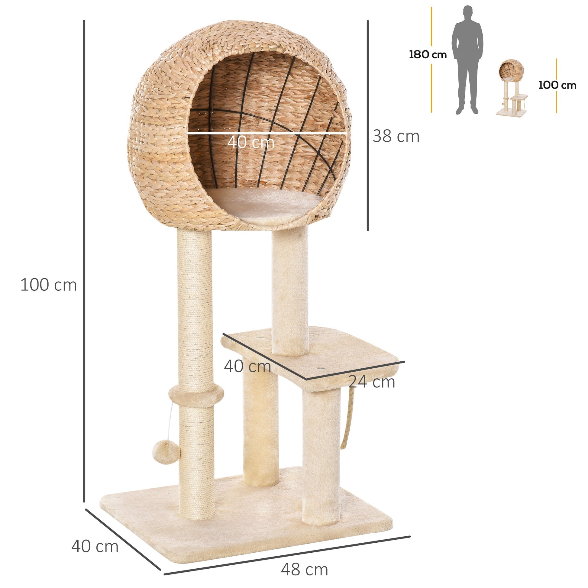 PawHut Árvore arranhador para gatos Torre de escalada com plataformas caverna corda de brincar poste de sisal 48x40x100 cm Bege - A minha loja
