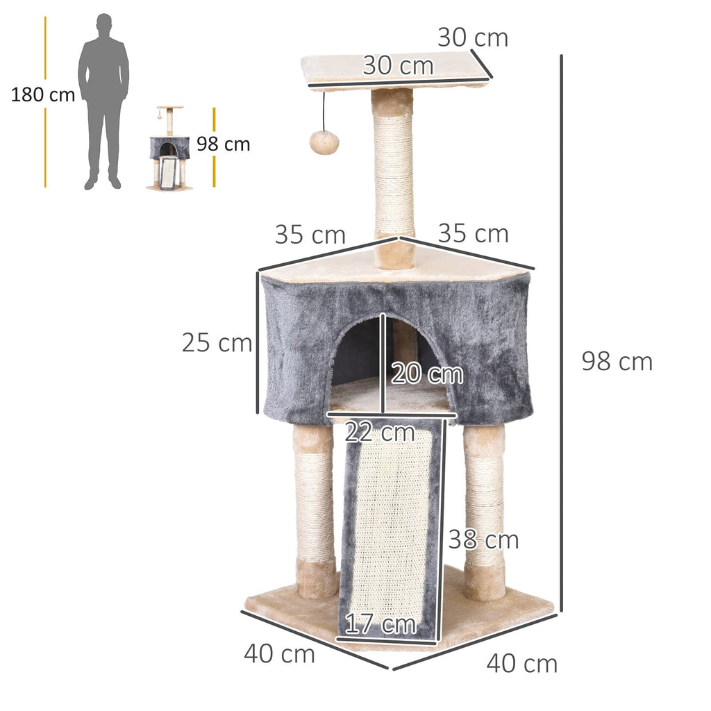 PawHut Árvore para gatos com caverna Brinquedo de suspensão Rampa de arranhões e pôsteres Raspadores Corda de sisal 40x40x98 cm Cinza e bege - A minha loja
