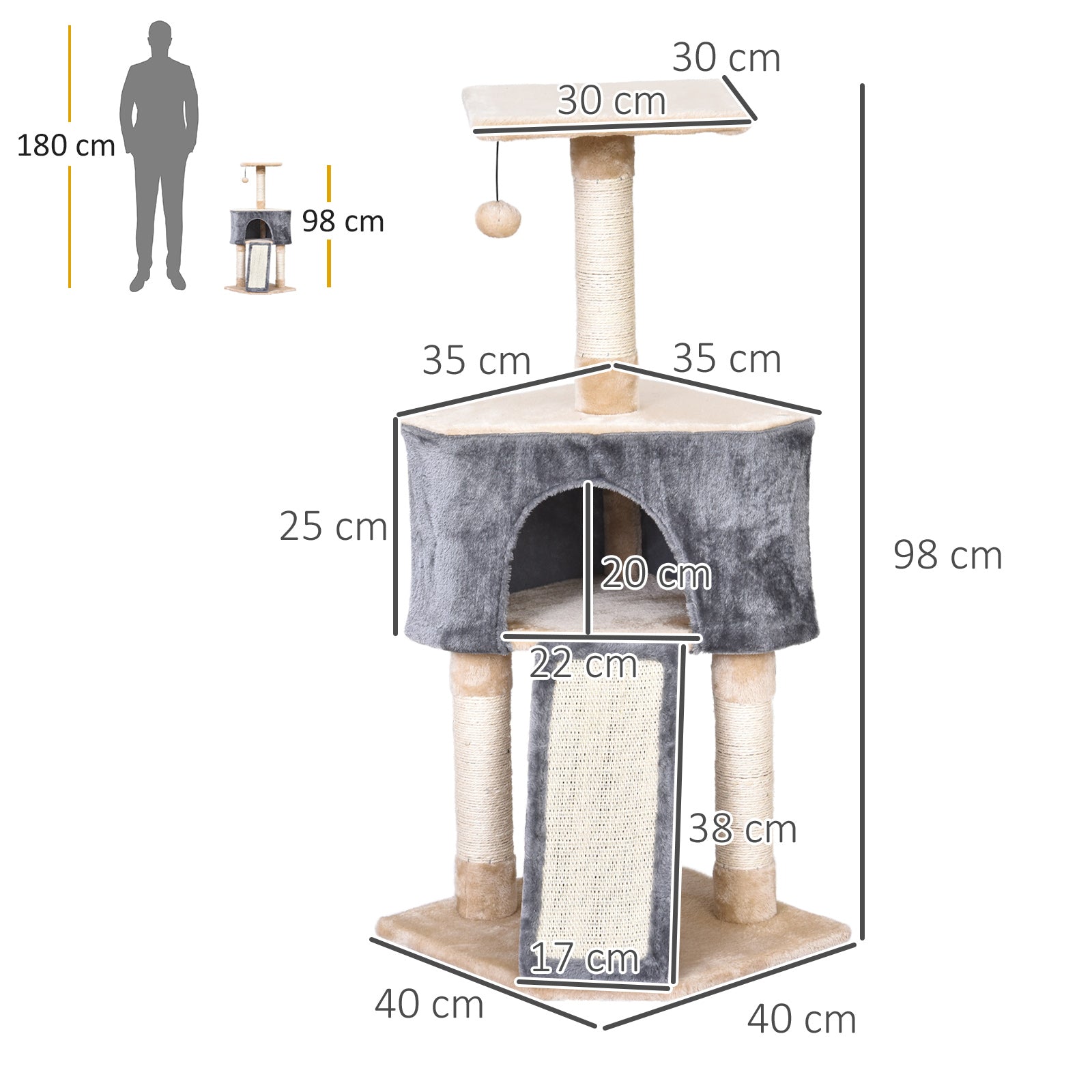 PawHut Árvore para gatos com caverna Brinquedo de suspensão Rampa de arranhões e pôsteres Raspadores Corda de sisal 40x40x98 cm Cinza e bege - A minha loja