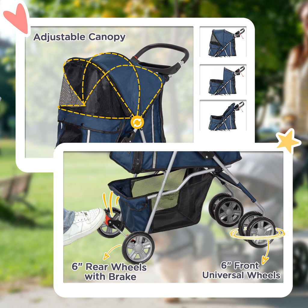 PawHut Carrinho de Passeio para Animais de Estimação Carrinho para Cães e Gatos Dobrável com Capô Ajustável Cesta de Armazenamento Suporte para Copos e Travão 75x45x97 cm Azul Escuro - A minha loja
