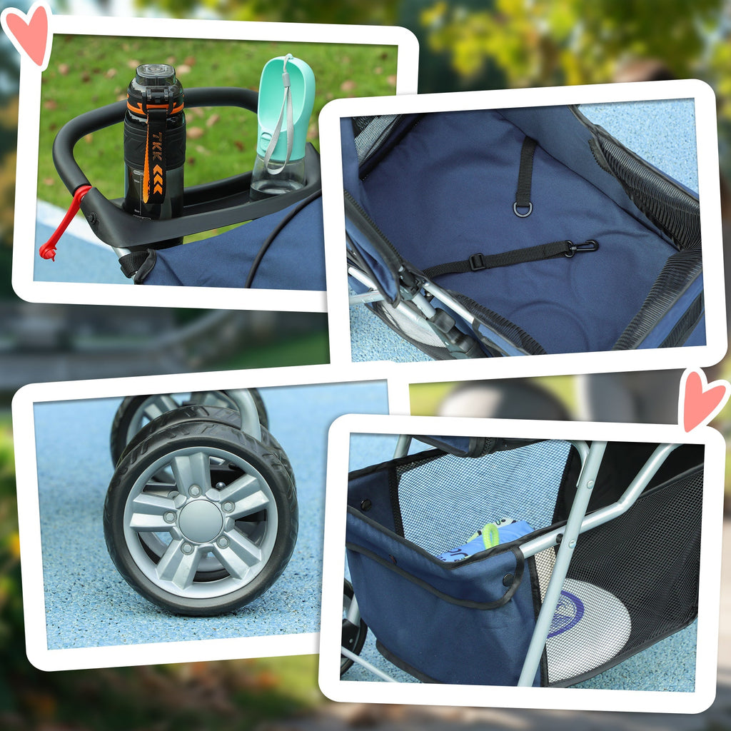 PawHut Carrinho de Passeio para Animais de Estimação Carrinho para Cães e Gatos Dobrável com Capô Ajustável Cesta de Armazenamento Suporte para Copos e Travão 75x45x97 cm Azul Escuro - A minha loja