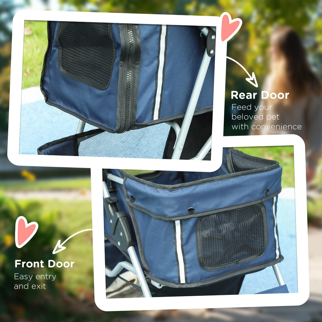 PawHut Carrinho de Passeio para Animais de Estimação Carrinho para Cães e Gatos Dobrável com Capô Ajustável Cesta de Armazenamento Suporte para Copos e Travão 75x45x97 cm Azul Escuro - A minha loja