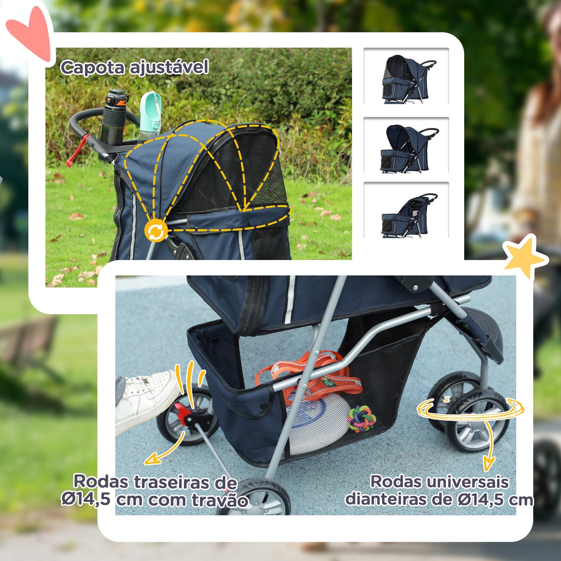 PawHut Carrinho para Animais de Estimação Dobrável Carrinho para Cães e Gatos com Rodas Giratórias Cesto e Suporte para Copos 75x45x97 cm Azul Escuro - A minha loja