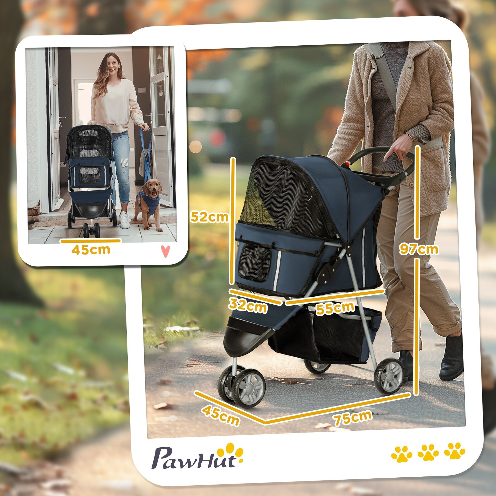 PawHut Carrinho para Animais de Estimação Dobrável Carrinho para Cães e Gatos com Rodas Giratórias Cesto e Suporte para Copos 75x45x97 cm Azul Escuro - A minha loja