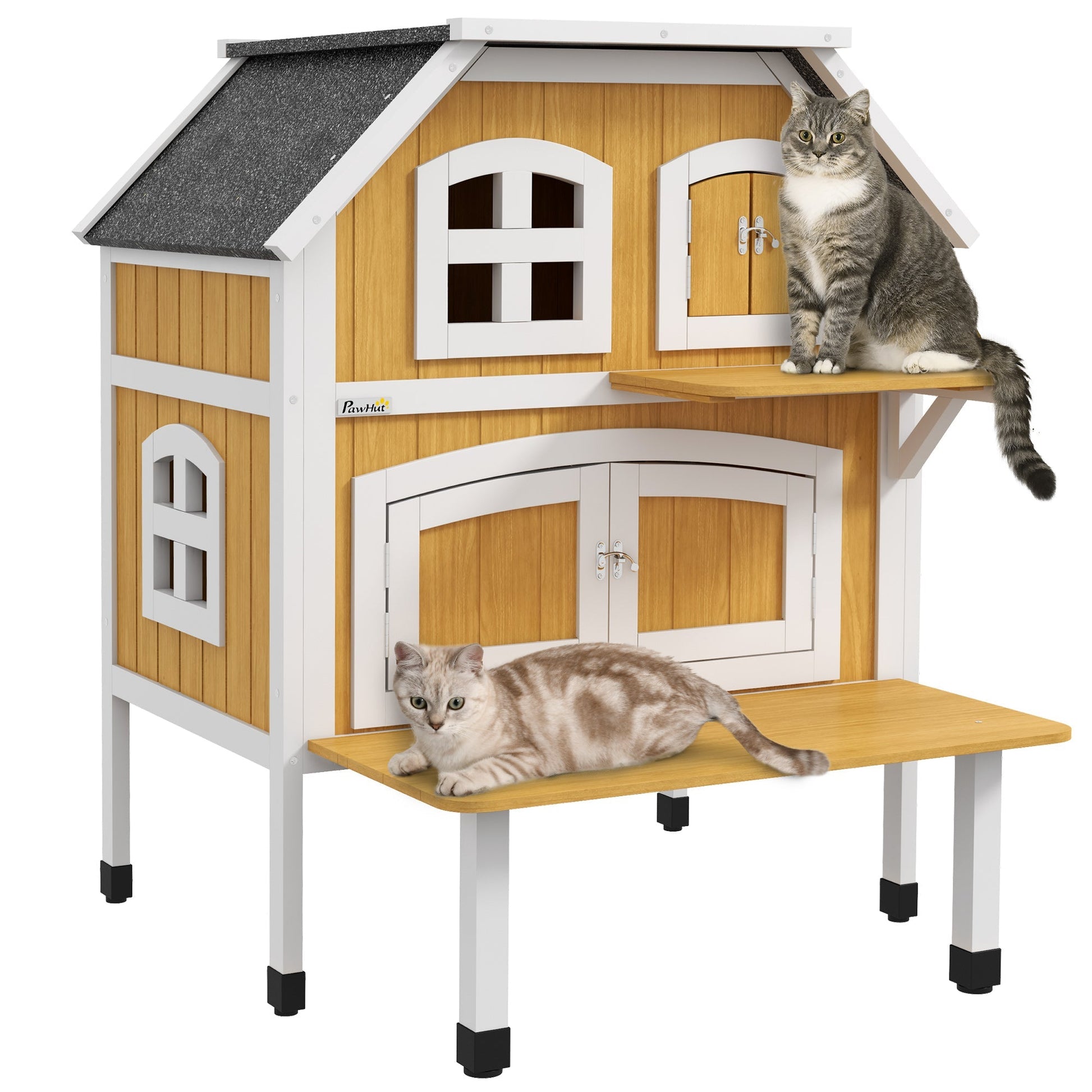 PawHut Casa para Gatos de Madeira 78x82x93 cm Casota para Gatos de 2 Níveis Abrigo para Gatos com Telhado Asfáltico Terraço e Plataforma de Salto Natural - A minha loja