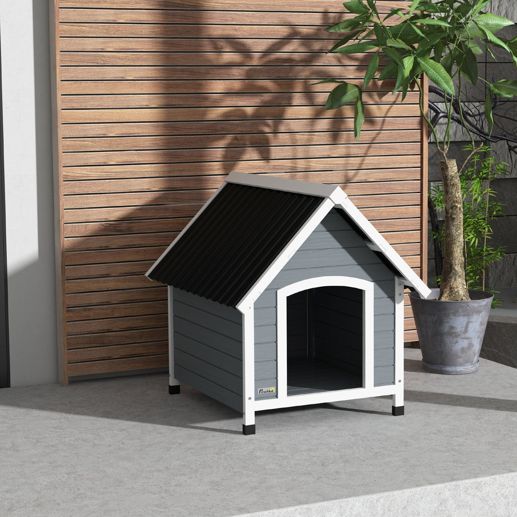 PawHut Casota para Cães 75x88x82 cm Casa para Cães de Tamanho Médio com Telhado de Telhas de Imitação Pés Elevados e Chão Removível para Exterior Cinza - A minha loja