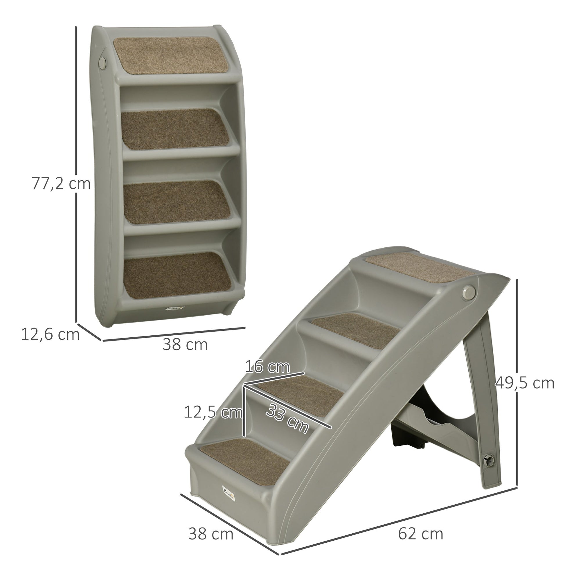 PawHut Escada Dobrável para Animais de Estimação de 4 Degraus para Cães Gatos Portátil com Tapetes Antiderrapantes para Cama Sofá Carga 20kg 62x38x49,5cm Cinza - A minha loja