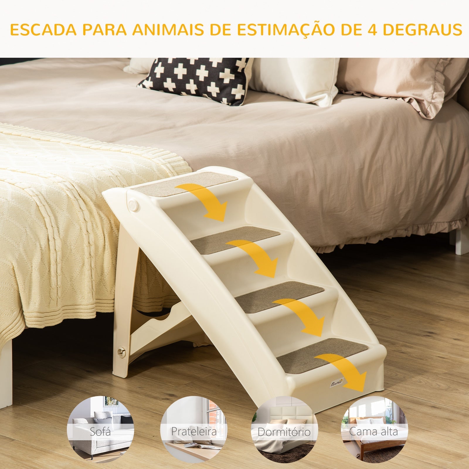 PawHut Escada Dobrável para Animais de Estimação de 4 Degraus para Cães Gatos Portátil com Tapetes Antiderrapantes para Cama Sofá Carga 20kg 67x38x49,5cm Bege - A minha loja