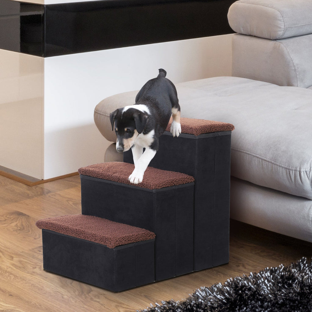 PawHut Escada para Animais de Estimação de 3 Degraus Dobrável com Tampa e Espaço de Armazenamento Escada para Cães Gatos Pequenos para Cama Sofá 40x54x48cm Preto - A minha loja