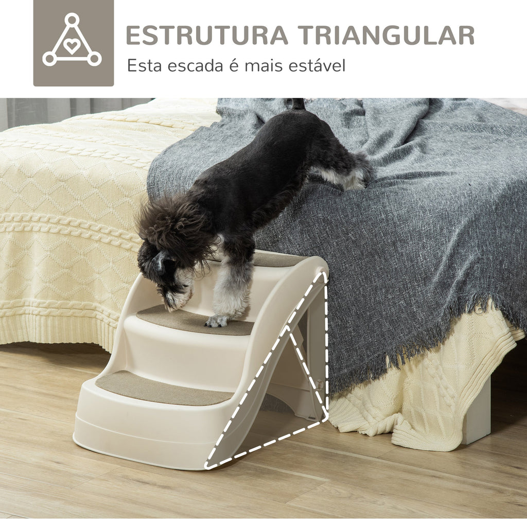 PawHut Escada para Cães de 3 Degraus Dobrável Escada de Plástico para Animais de Estimação com Tapetes Antiderrapantes para Cama Sofá Carga 15kg 49x38x38cm Creme - A minha loja