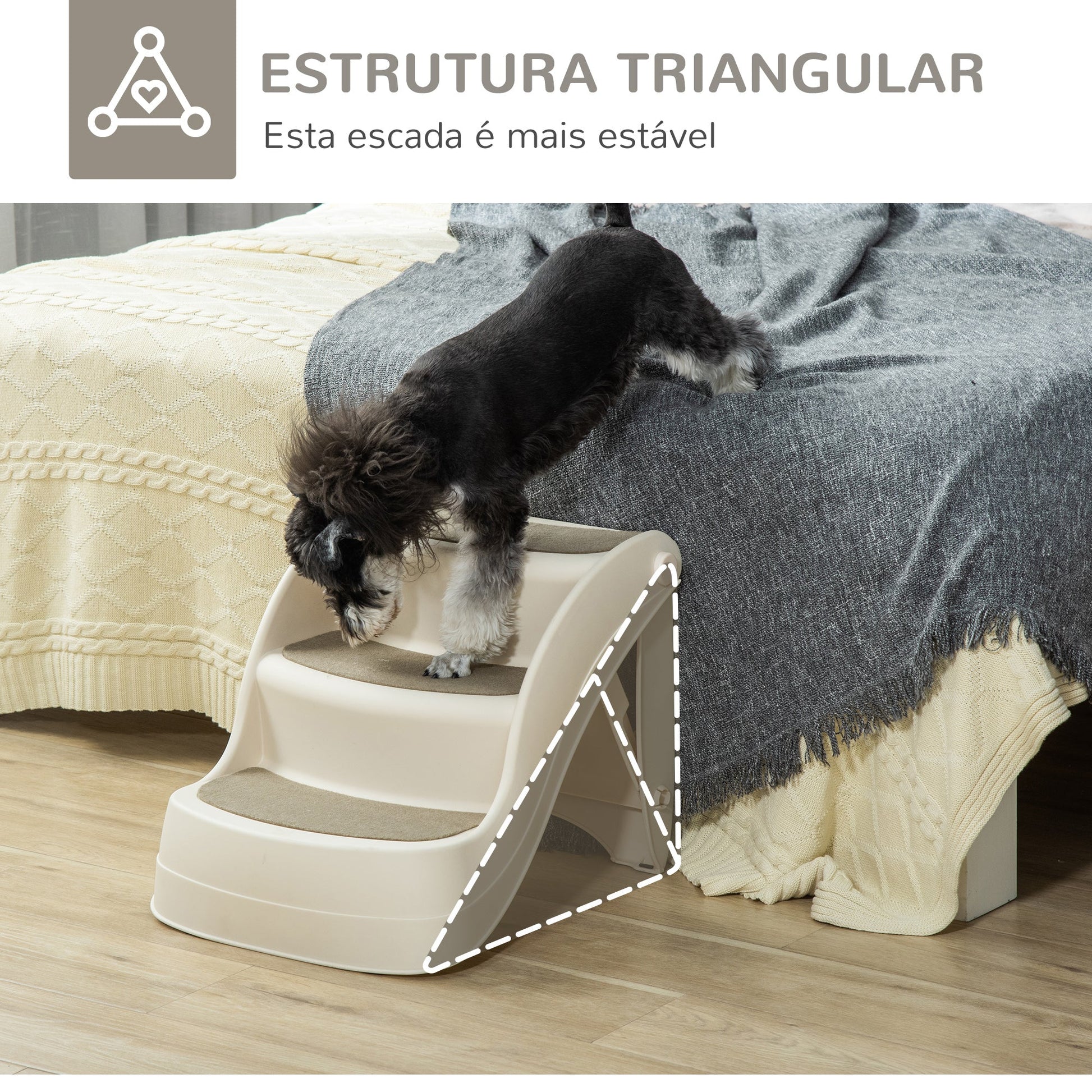 PawHut Escada para Cães de 3 Degraus Dobrável Escada de Plástico para Animais de Estimação com Tapetes Antiderrapantes para Cama Sofá Carga 15kg 49x38x38cm Creme - A minha loja