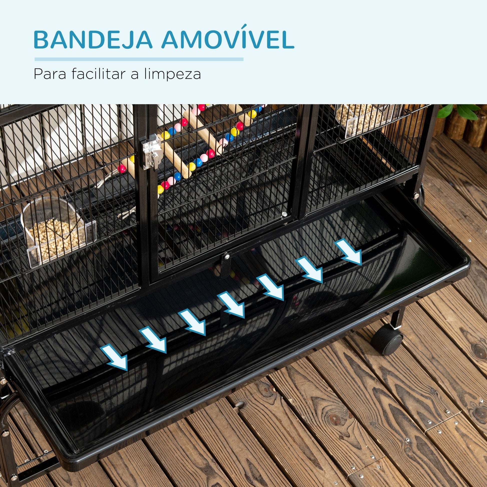 PawHut Gaiola para Pássaros com Rodas 83x53x180 cm Gaiola Metálica de 3 Níveis com 3 Poleiros Comedouros Brinquedos Rampas e Prateleira de Armazenamento para Canários Periquitos Preto - A minha loja