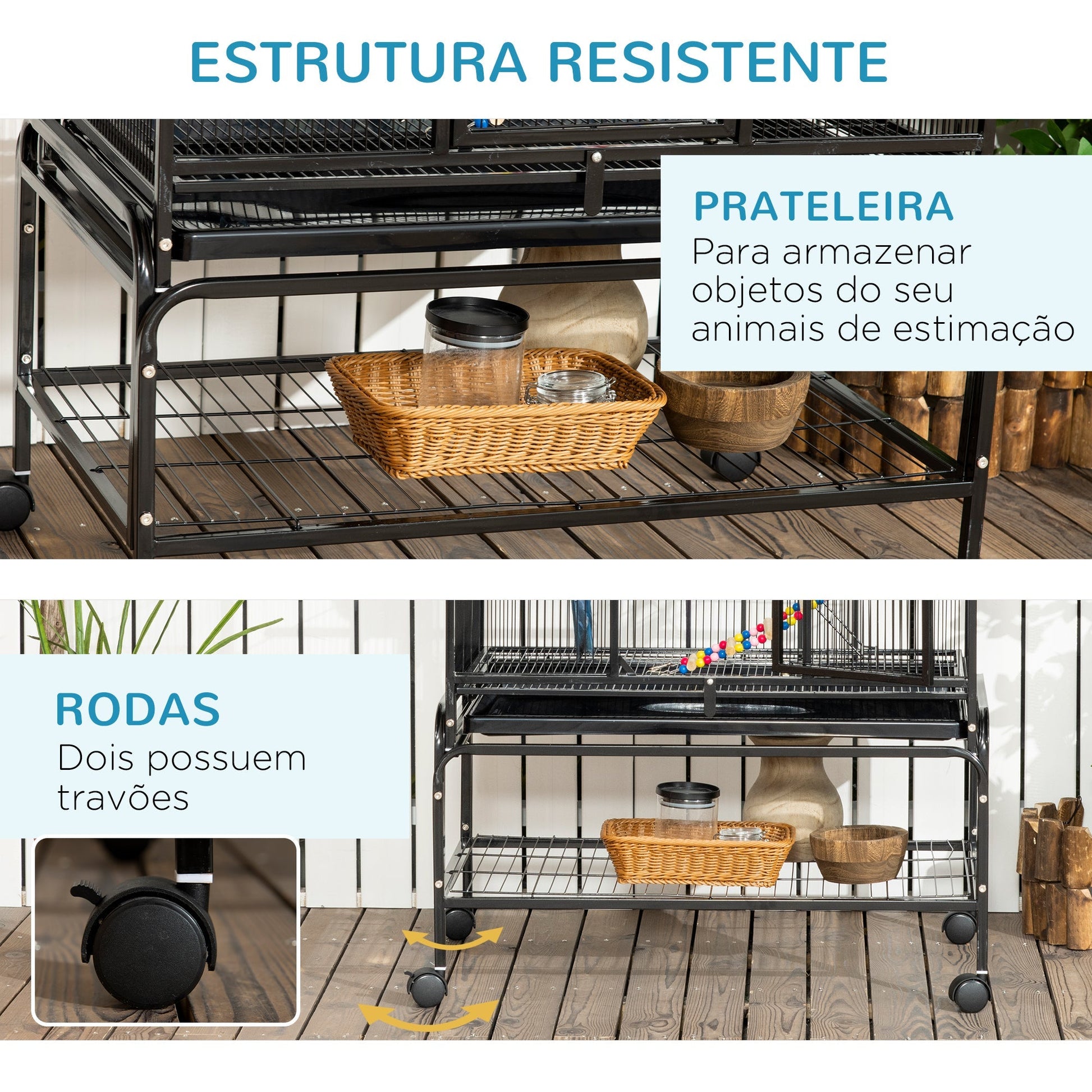 PawHut Gaiola para Pássaros com Rodas 83x53x180 cm Gaiola Metálica de 3 Níveis com 3 Poleiros Comedouros Brinquedos Rampas e Prateleira de Armazenamento para Canários Periquitos Preto - A minha loja