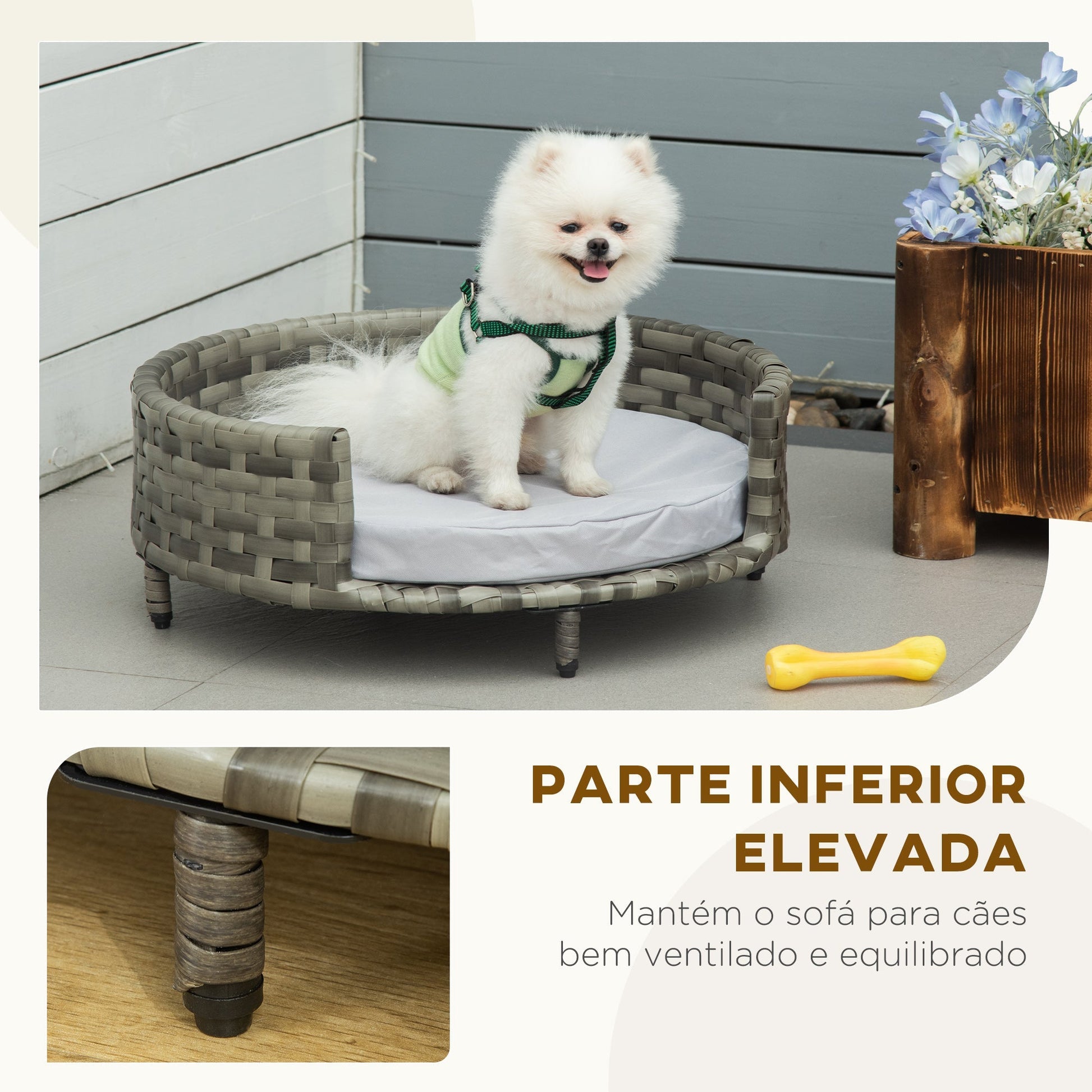 PawHut Sofá Cama para Cães e Gatos de Vime PE Cama Elevada Redonda para Animais de Estimação com Almofada Suave Lavável para Interior e Exterior 60x60x20cm Cinza - A minha loja