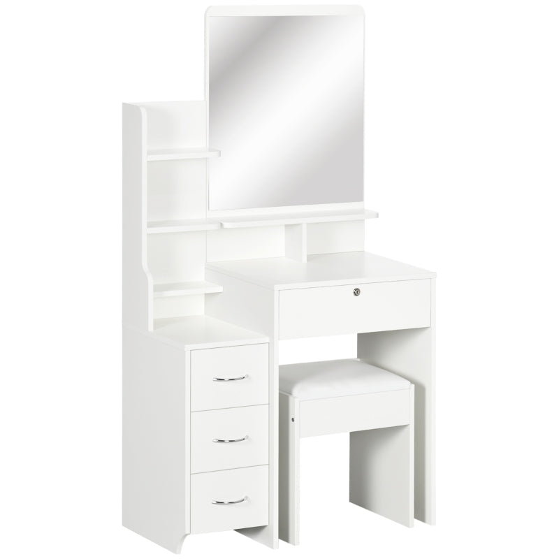 Toucador de Maquilhagem com Banco e Espelho Mesa de Maquilhagem com 4 Gavetas 4 Compartimentos de Armazenamento Estilo Moderno 80x38x143cm Branco