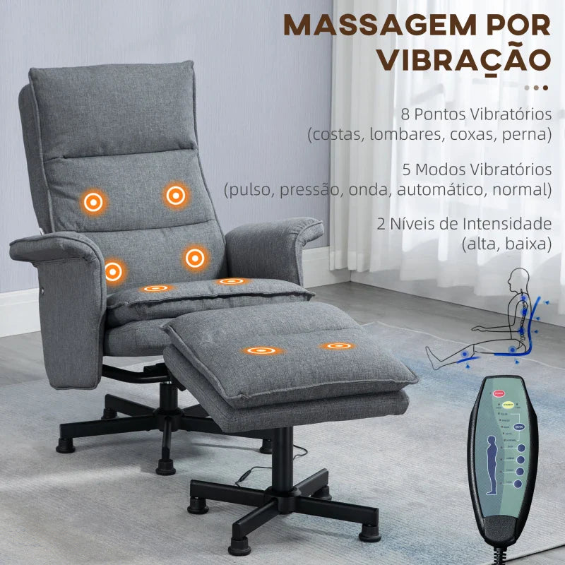 Poltrona Relax com Massagem e Apoio para os Pés Poltrona de Massagem Estofada em Linho com Controlo Remoto e 8 Áreas de Massagem Carga Máxima 120kg 78x81x99cm Cinza