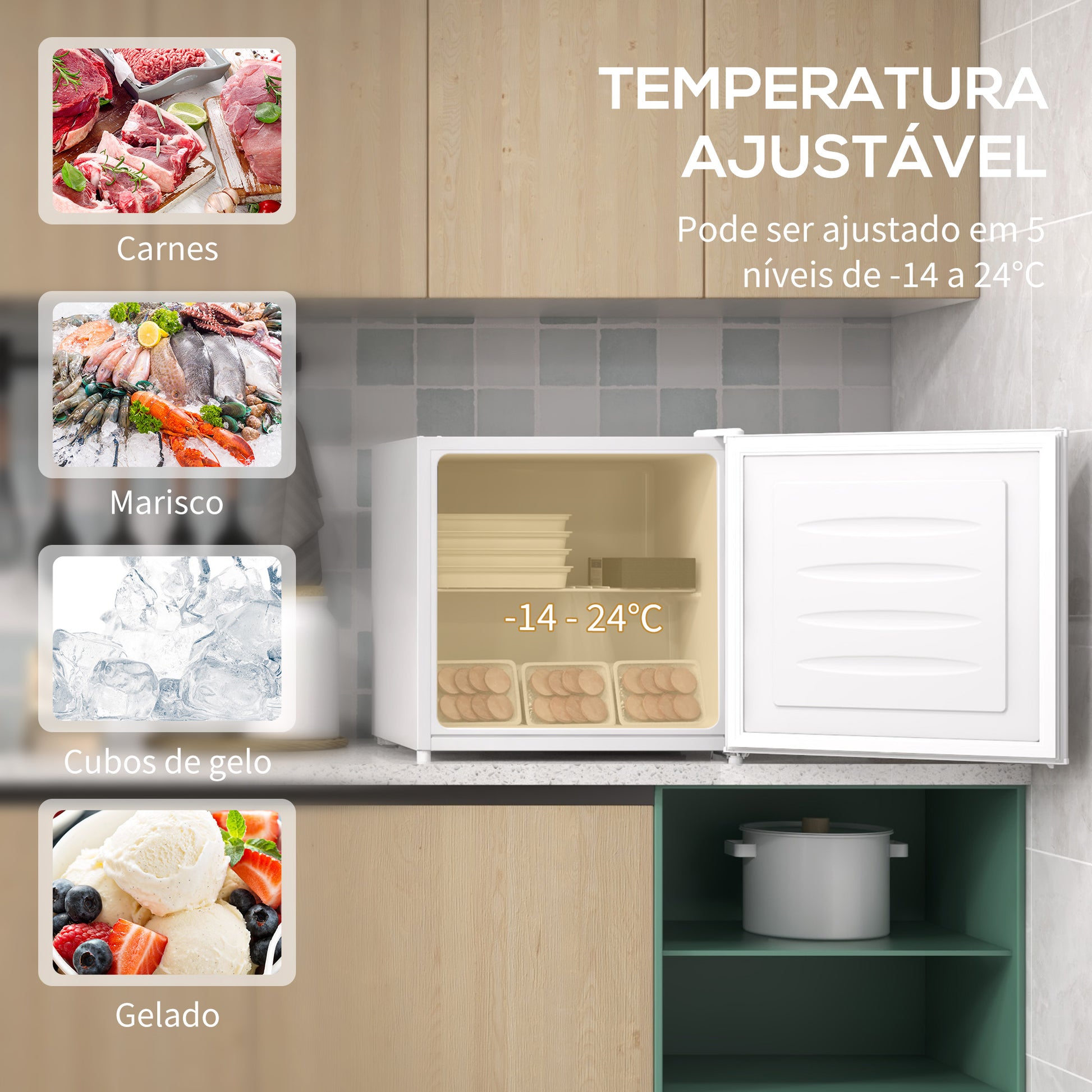 Mini Congelador Vertical 35 L Congelador Pequeno Silencioso com Porta Reversível Temperatura Ajustável e Prateleira Amovível para Casa Escritório 47x44,2x48,8 cm Branco
