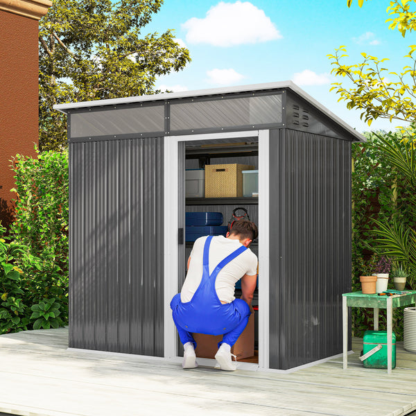 Abrigo de Jardim 1,9m² 195x122x182 cm Abrigo de Exterior com Base Reforçada (Chão NÃO Incluído) Porta Corredera Janelas Abrigo de Ferramentas para Pátio Cinza Escuro