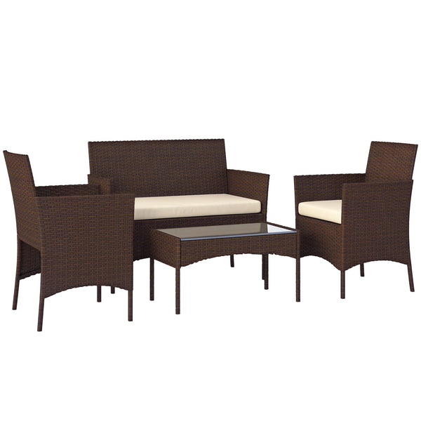Conjunto de Jardim em Vime com Almofadas Conjunto de Exterior Resistente às Intempéries Móveis de Exterior com 2 Poltronas Sofá de 2 Lugares Mesa com Vidro Marrom e Bege