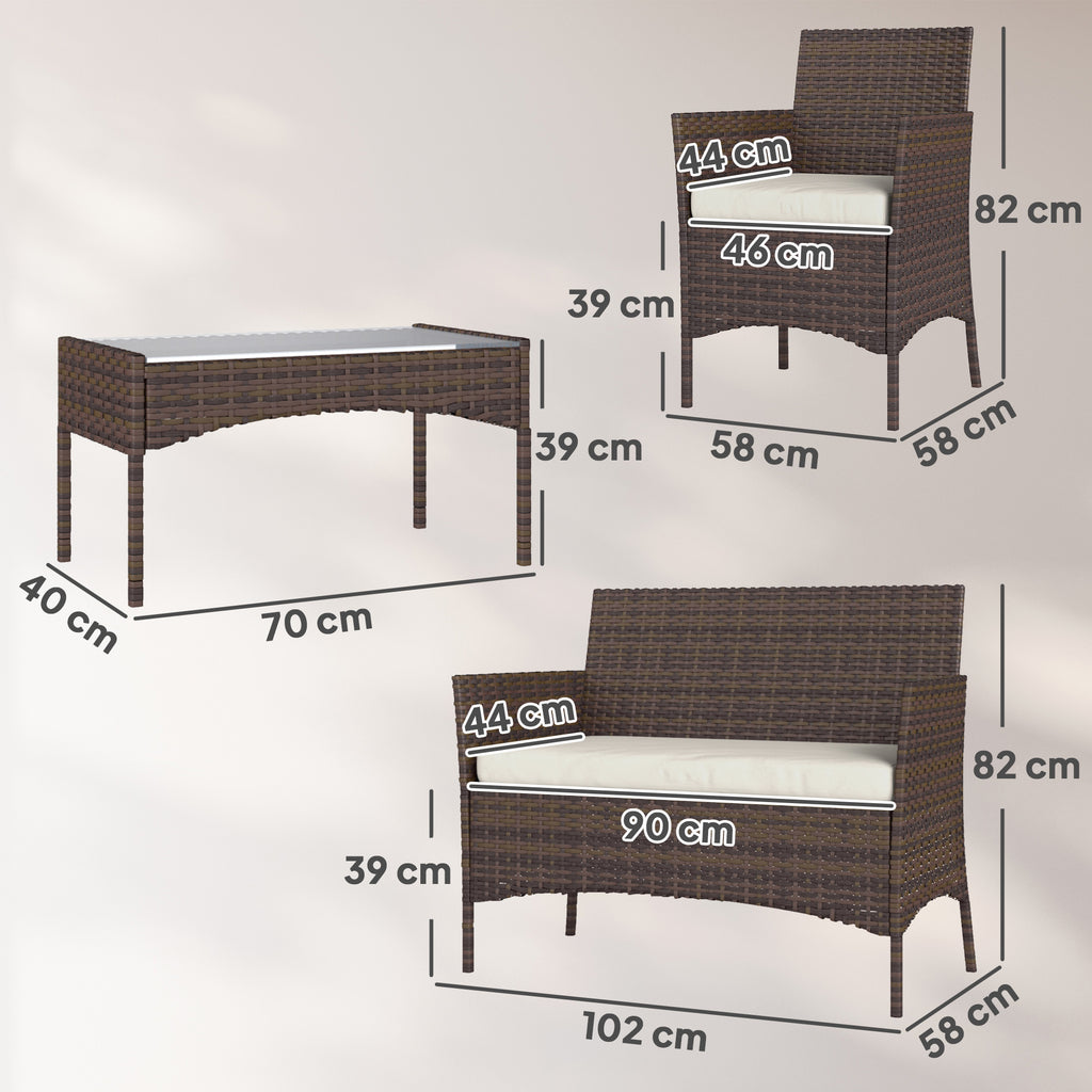 Conjunto de Jardim em Vime com Almofadas Conjunto de Exterior Resistente às Intempéries Móveis de Exterior com 2 Poltronas Sofá de 2 Lugares Mesa com Vidro Marrom e Bege