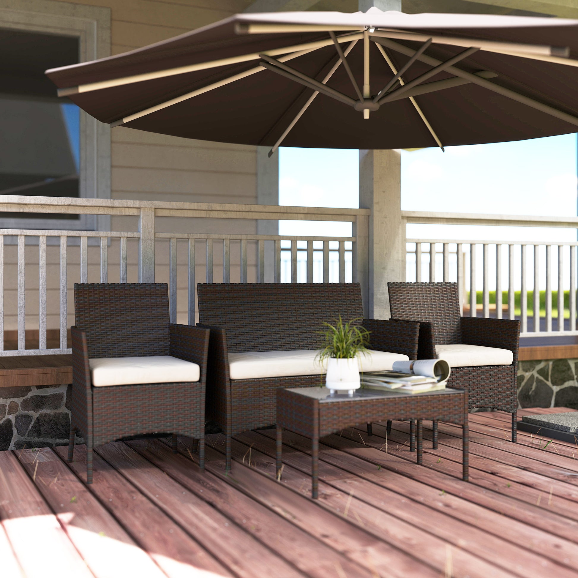 Conjunto de Jardim em Vime com Almofadas Conjunto de Exterior Resistente às Intempéries Móveis de Exterior com 2 Poltronas Sofá de 2 Lugares Mesa com Vidro Marrom e Bege