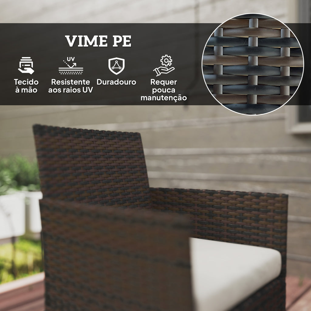 Conjunto de Jardim em Vime com Almofadas Conjunto de Exterior Resistente às Intempéries Móveis de Exterior com 2 Poltronas Sofá de 2 Lugares Mesa com Vidro Marrom e Bege