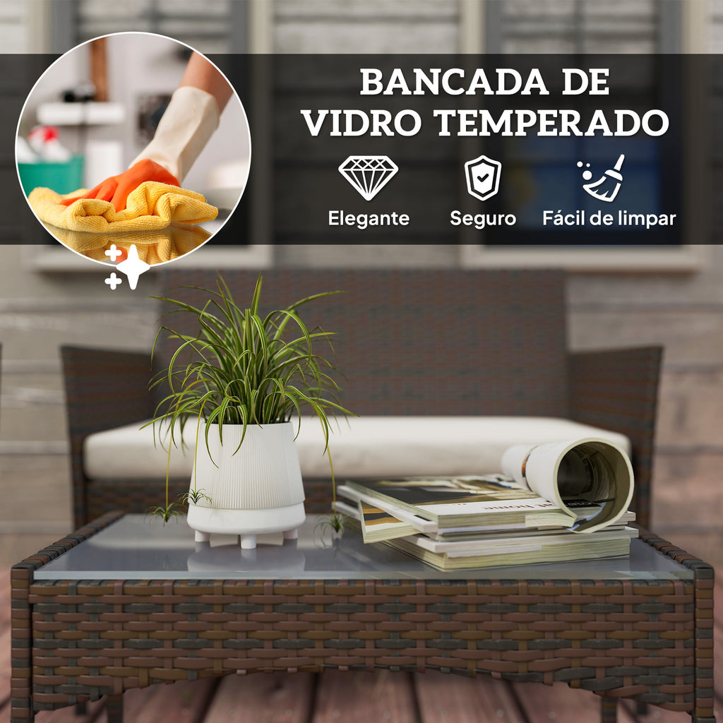 Conjunto de Jardim em Vime com Almofadas Conjunto de Exterior Resistente às Intempéries Móveis de Exterior com 2 Poltronas Sofá de 2 Lugares Mesa com Vidro Marrom e Bege