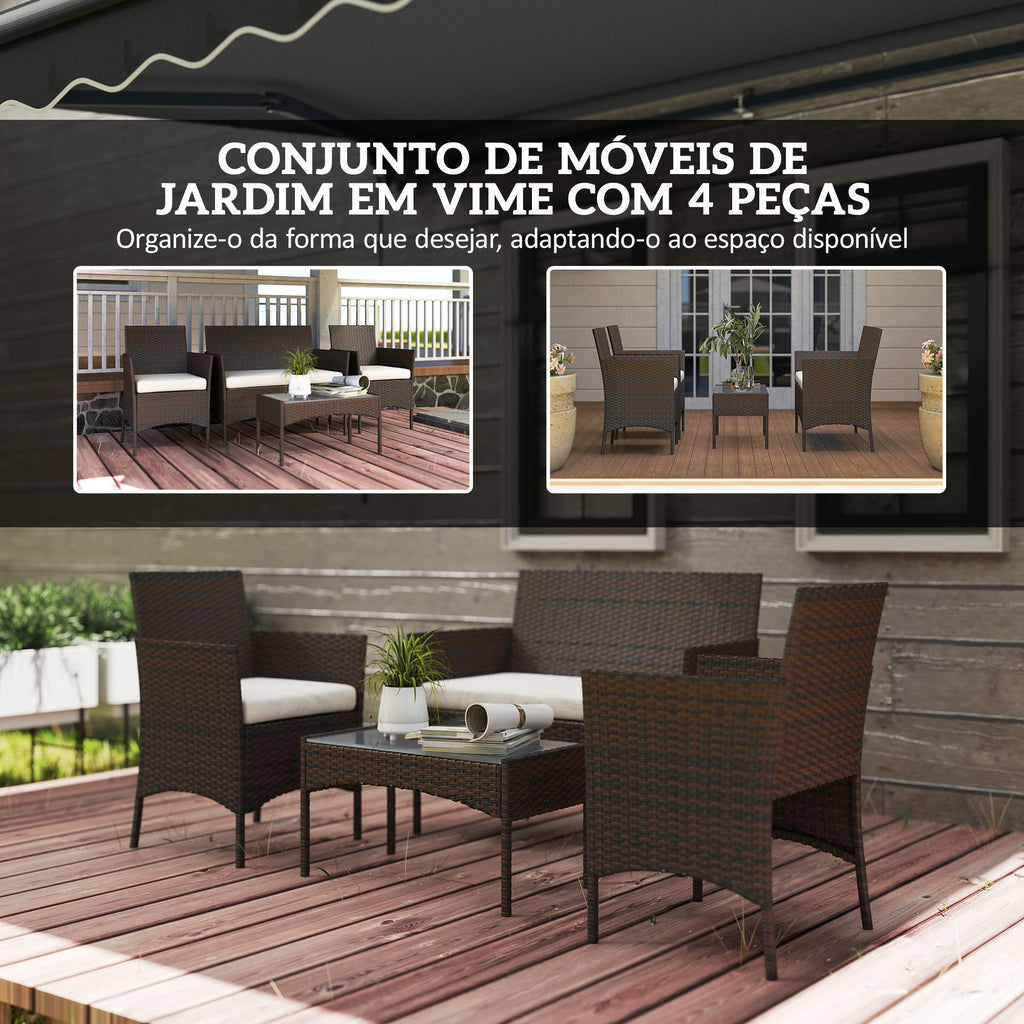 Conjunto de Jardim em Vime com Almofadas Conjunto de Exterior Resistente às Intempéries Móveis de Exterior com 2 Poltronas Sofá de 2 Lugares Mesa com Vidro Marrom e Bege