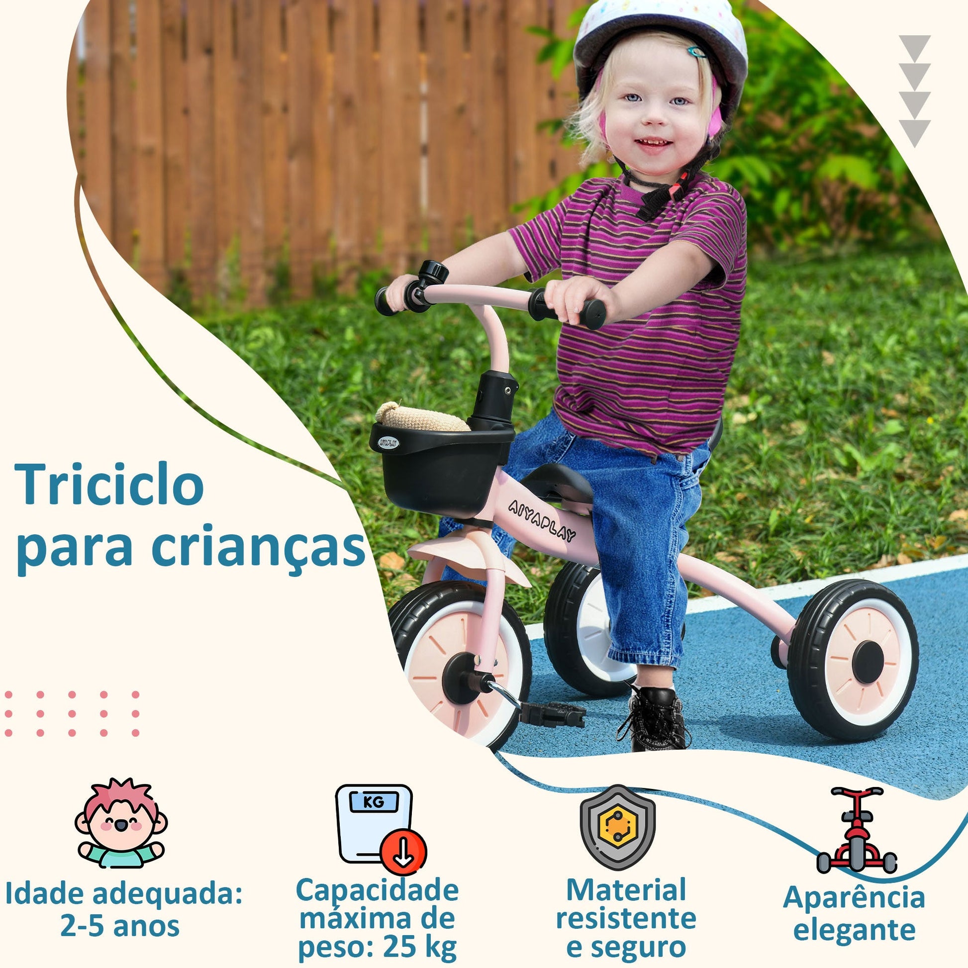 AIYAPLAY Triciclo para Crianças de 2 a 5 anos Triciclo Infantil com Assento Ajustável Cesta Buzina e Pedais e 3 Rodas Carga Máxima 25 kg 70,5x53x58 cm Rosa