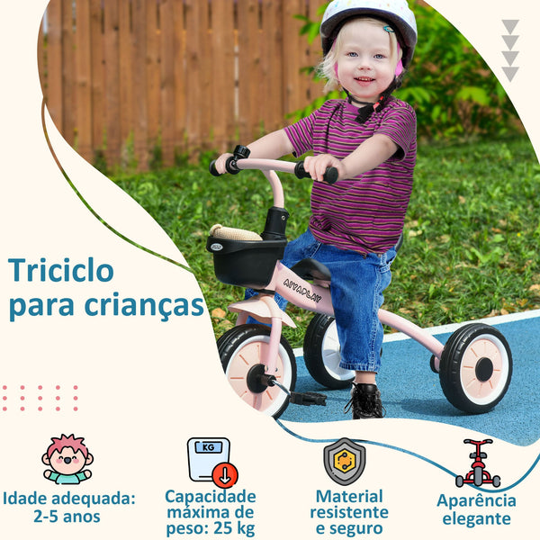 AIYAPLAY Triciclo para Crianças de 2 a 5 anos Triciclo Infantil com Assento Ajustável Cesta Buzina e Pedais e 3 Rodas Carga Máxima 25 kg 70,5x53x58 cm Rosa