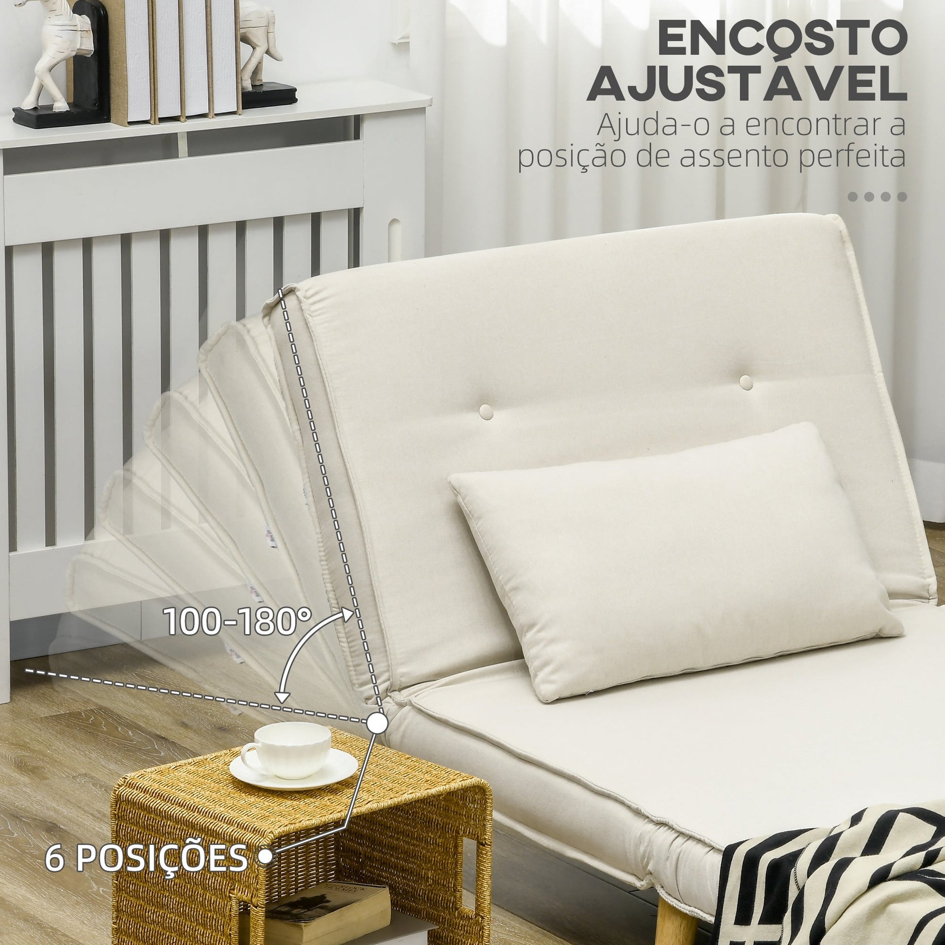Poltrona 2 em 1 Sofá Cama Individual Dobrável com Encosto Ajustável e Almofada para Sala de Estar Dormitório Escritório Carga 125 kg 90x78x79 cm Bege - A minha loja