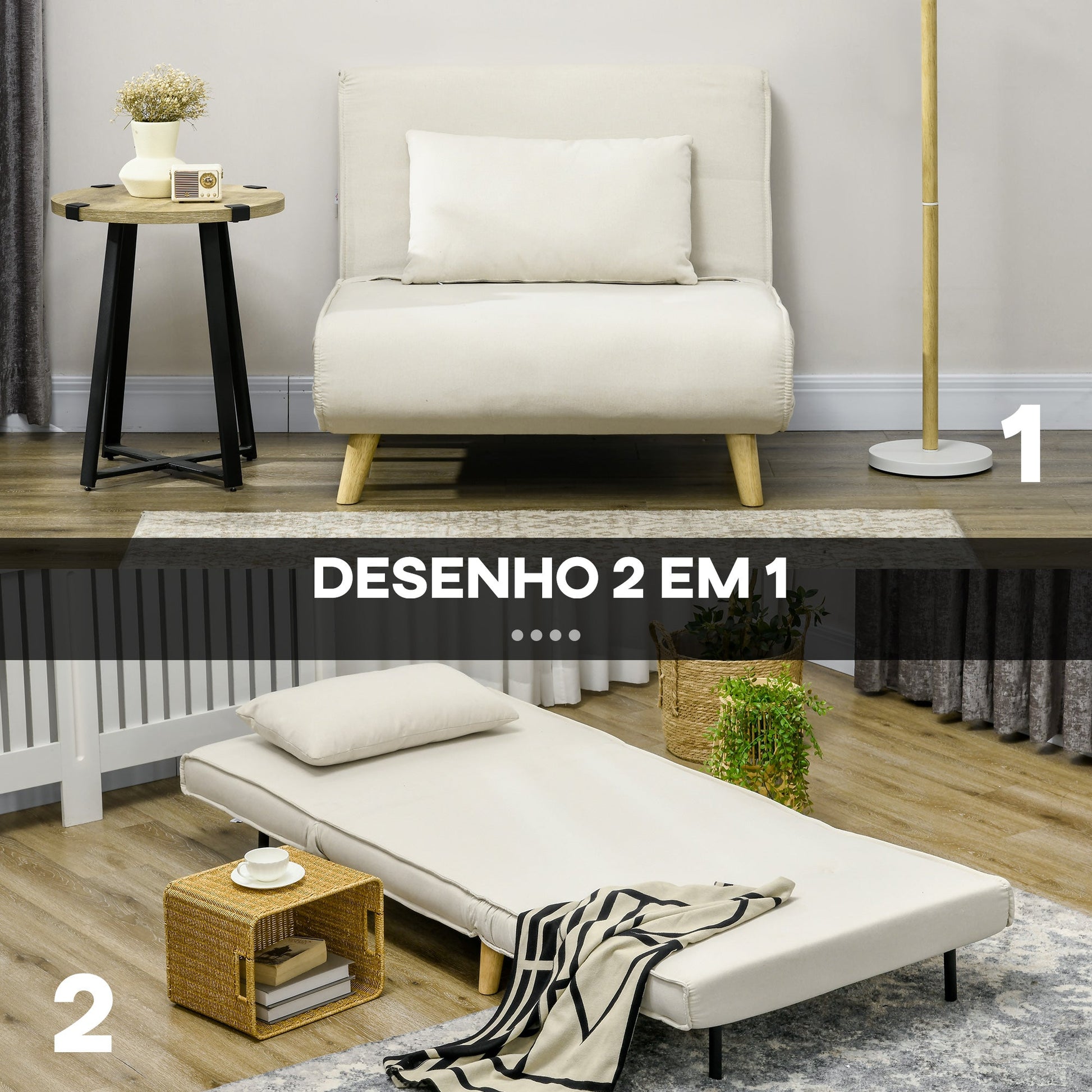 Poltrona 2 em 1 Sofá Cama Individual Dobrável com Encosto Ajustável e Almofada para Sala de Estar Dormitório Escritório Carga 125 kg 90x78x79 cm Bege - A minha loja