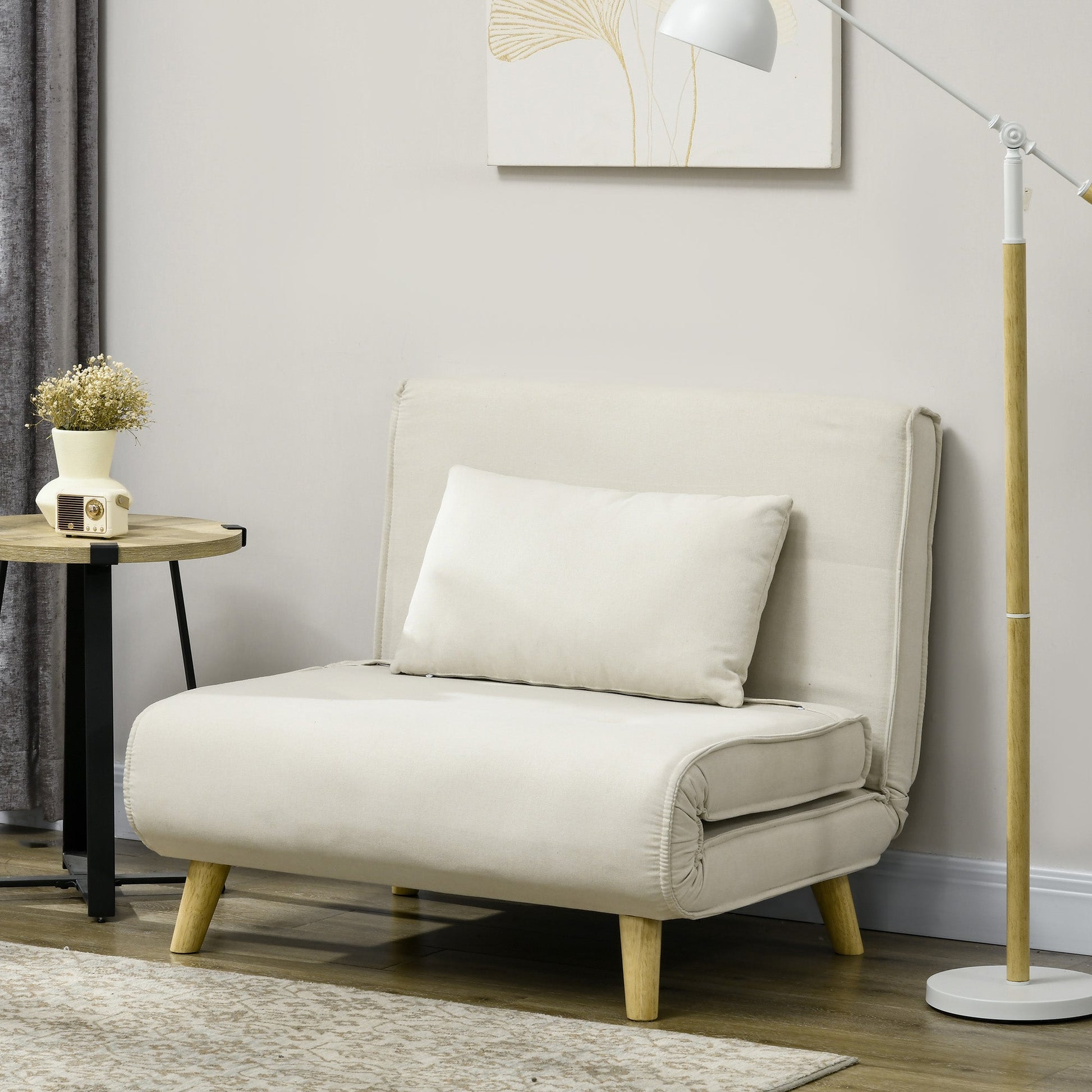Poltrona 2 em 1 Sofá Cama Individual Dobrável com Encosto Ajustável e Almofada para Sala de Estar Dormitório Escritório Carga 125 kg 90x78x79 cm Bege - A minha loja