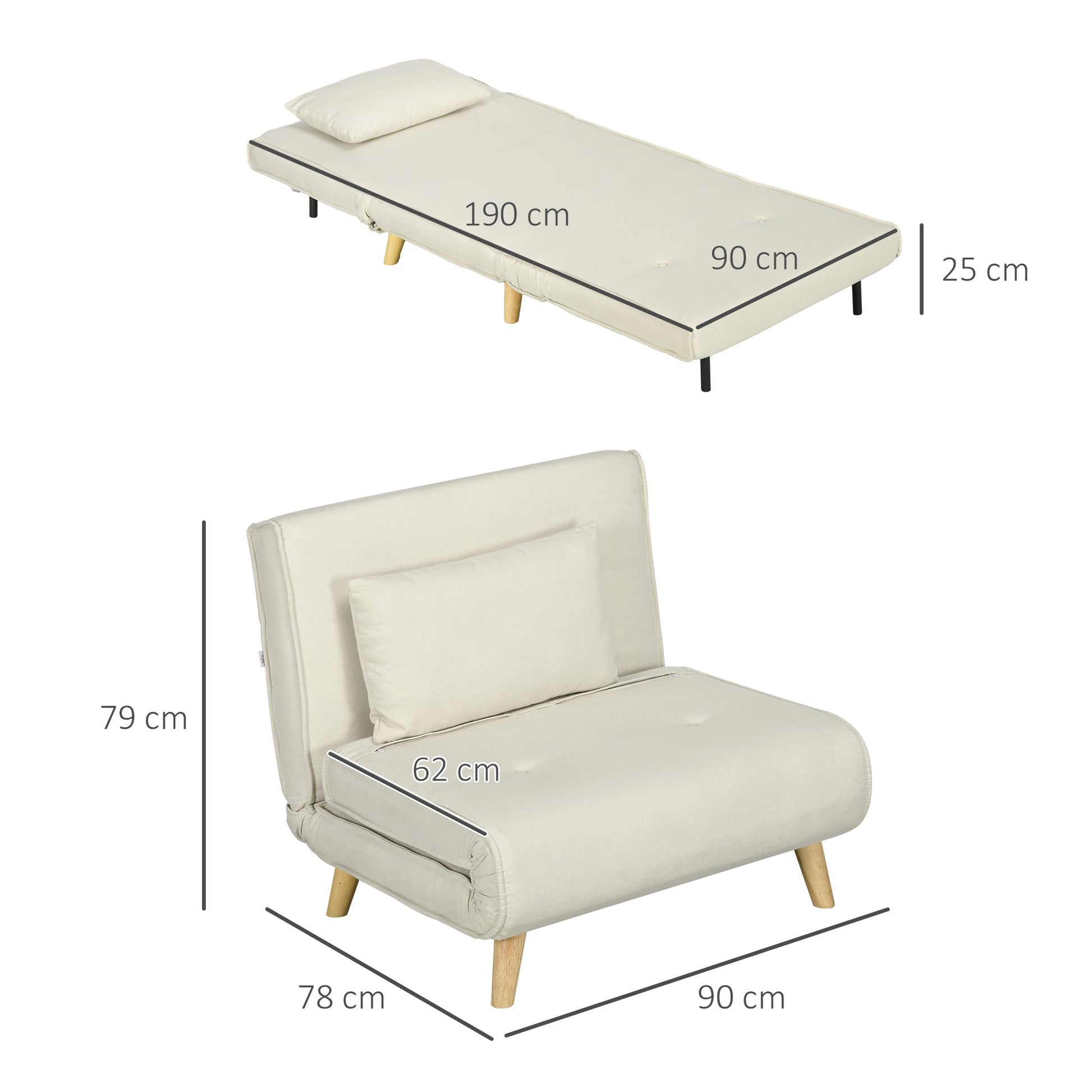 Poltrona 2 em 1 Sofá Cama Individual Dobrável com Encosto Ajustável e Almofada para Sala de Estar Dormitório Escritório Carga 125 kg 90x78x79 cm Bege - A minha loja