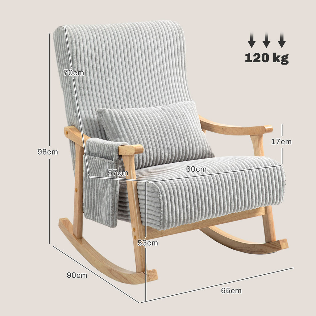 Poltrona Baloiço Moderna em Veludo Cotelê com Pés e Apoio para os Braços com Madeira de Faia Almofada Lombar e Bolso Poltrona de Amamentação Carga 120 kg para Dormitório Sala de Estar 65x90x98 cm Cinza - A minha loja