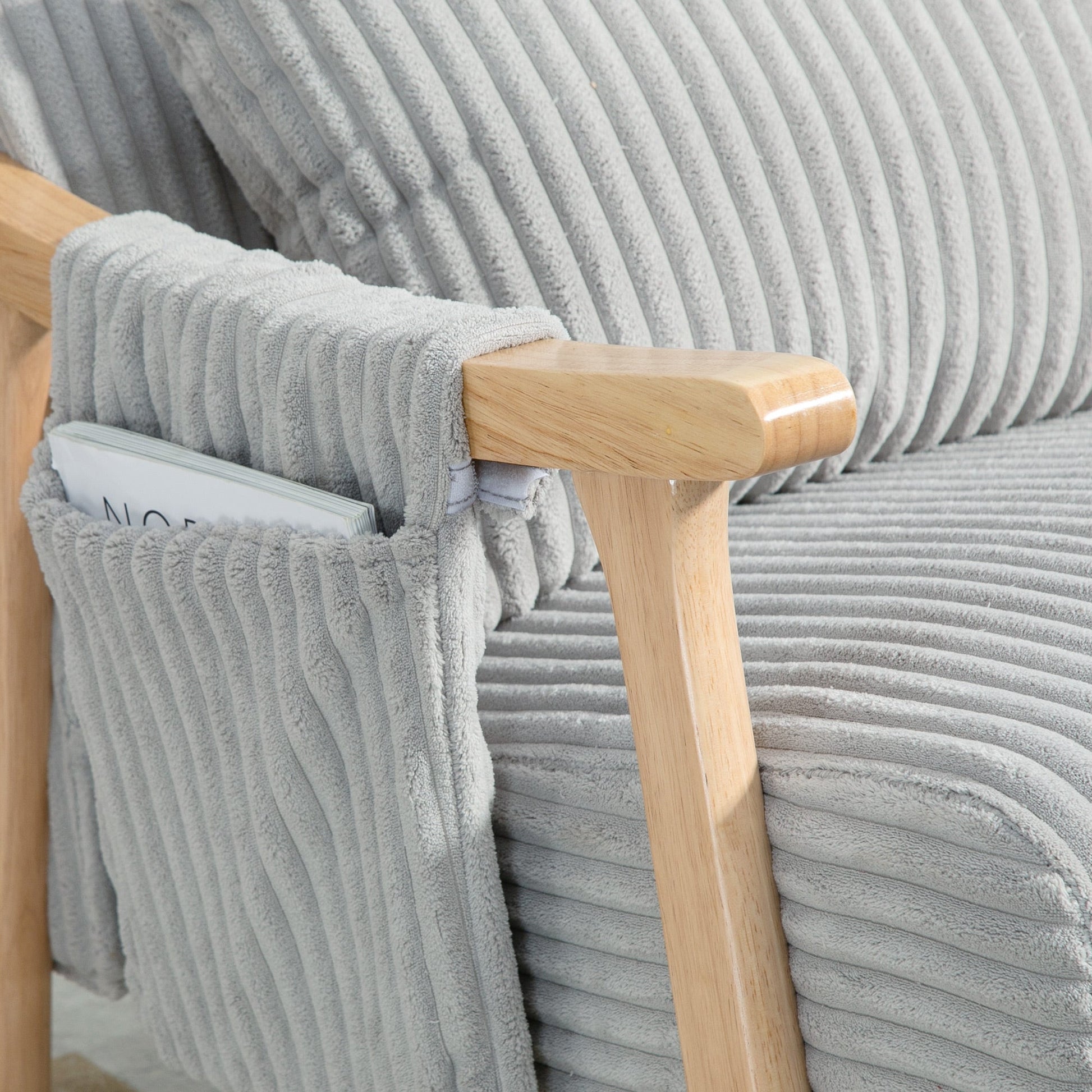 Poltrona Baloiço Moderna em Veludo Cotelê com Pés e Apoio para os Braços com Madeira de Faia Almofada Lombar e Bolso Poltrona de Amamentação Carga 120 kg para Dormitório Sala de Estar 65x90x98 cm Cinza - A minha loja