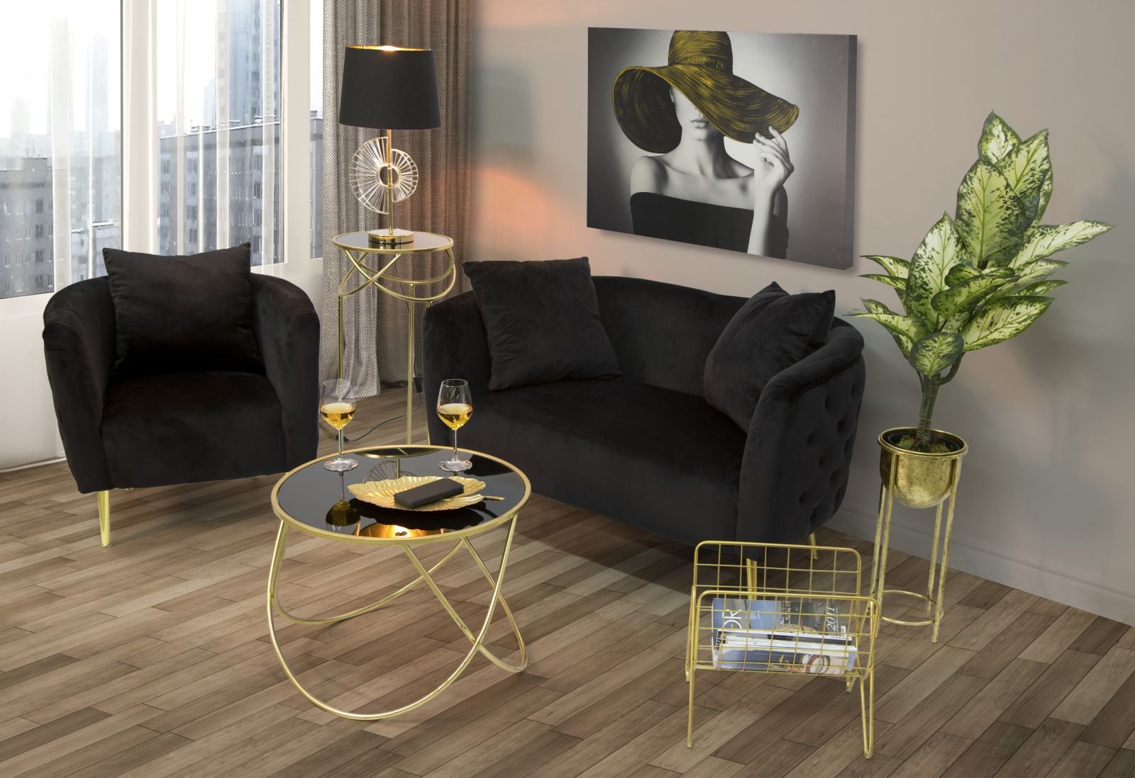 Poltrona "Bucarest" - 76 x 74 x 71 cm - Preto e Dourado | Em Veludo com Estrutura Metálica - A minha loja
