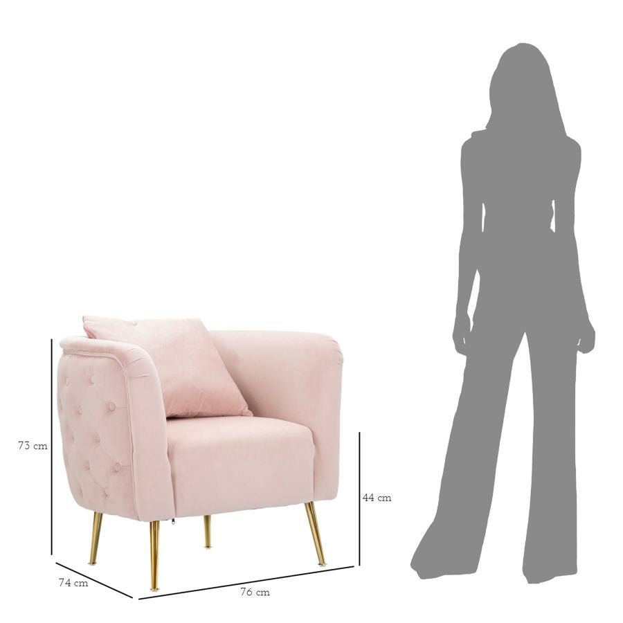 Poltrona "Bucarest" – Poltrona Estofada Rosa com Pernas Douradas e Almofada (76 x 74 x 73 cm) - A minha loja
