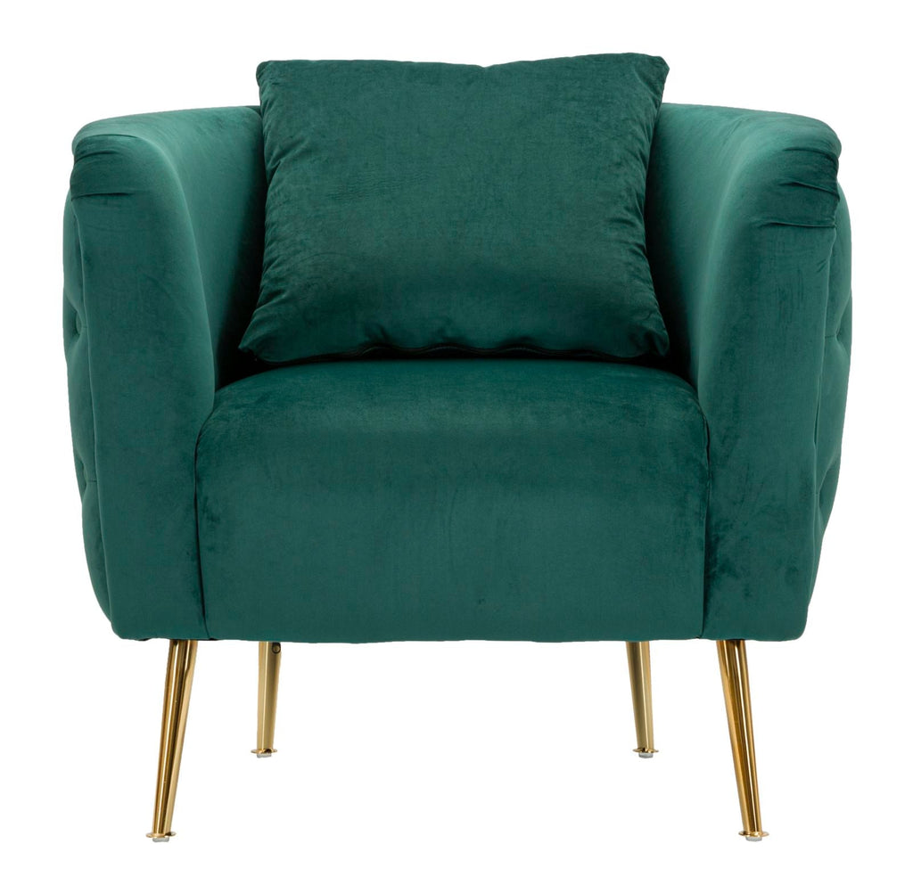 Poltrona "Bucarest" – Poltrona Estofada Verde com Pernas Douradas e Almofada (76 x 74 x 73 cm) - A minha loja