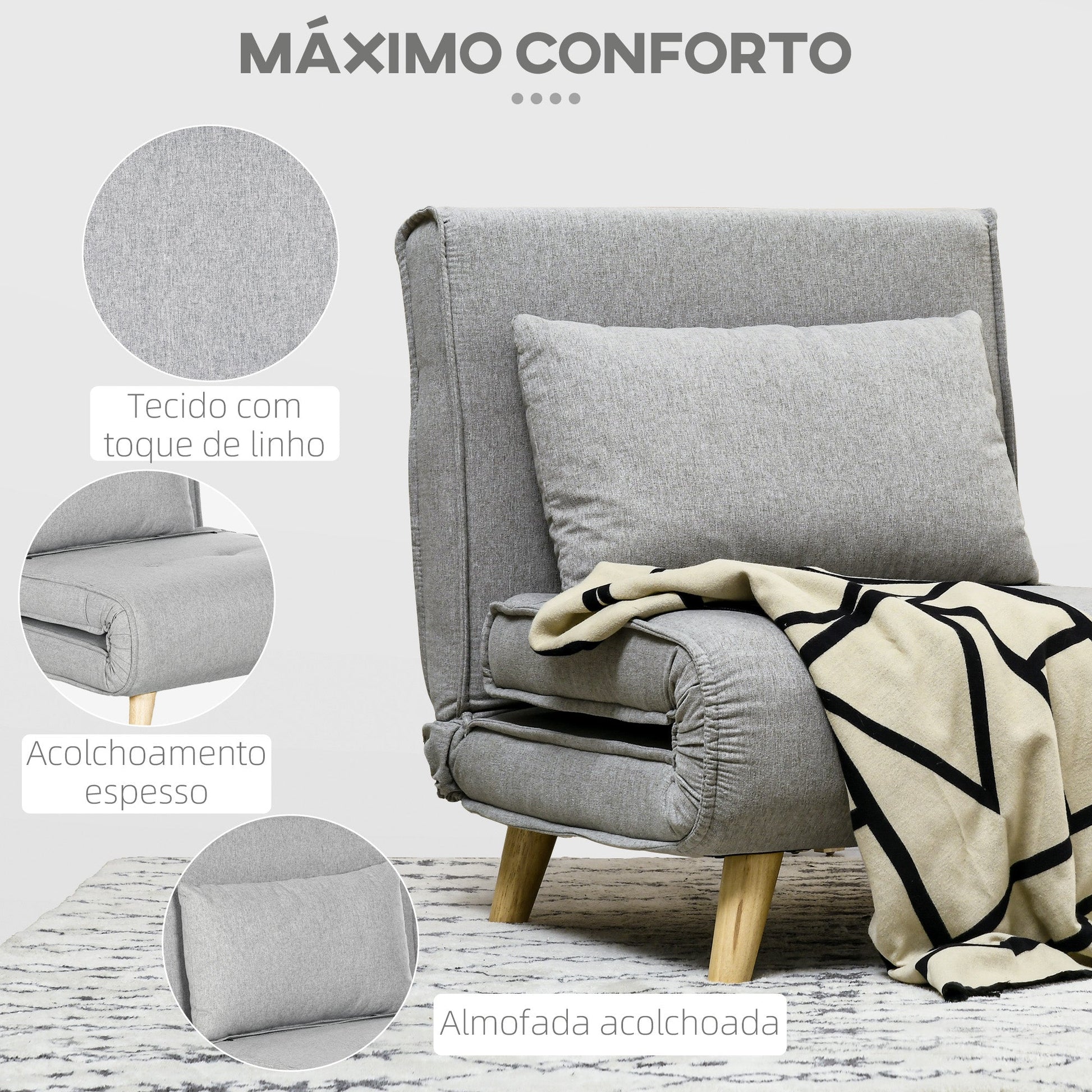Poltrona Cama "Lund" – Sofá - Cama Individual Dobrável com Encosto Ajustável – 72x78x79 cm – Cinzento Claro - A minha loja