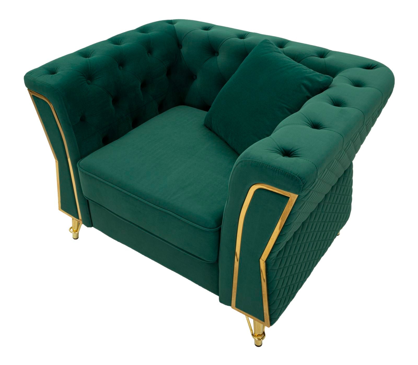 Poltrona Emy Green com Almofada - Madeira e Veludo Verde com Pernas Douradas - 104 cm x 83 cm x 76 cm - A minha loja