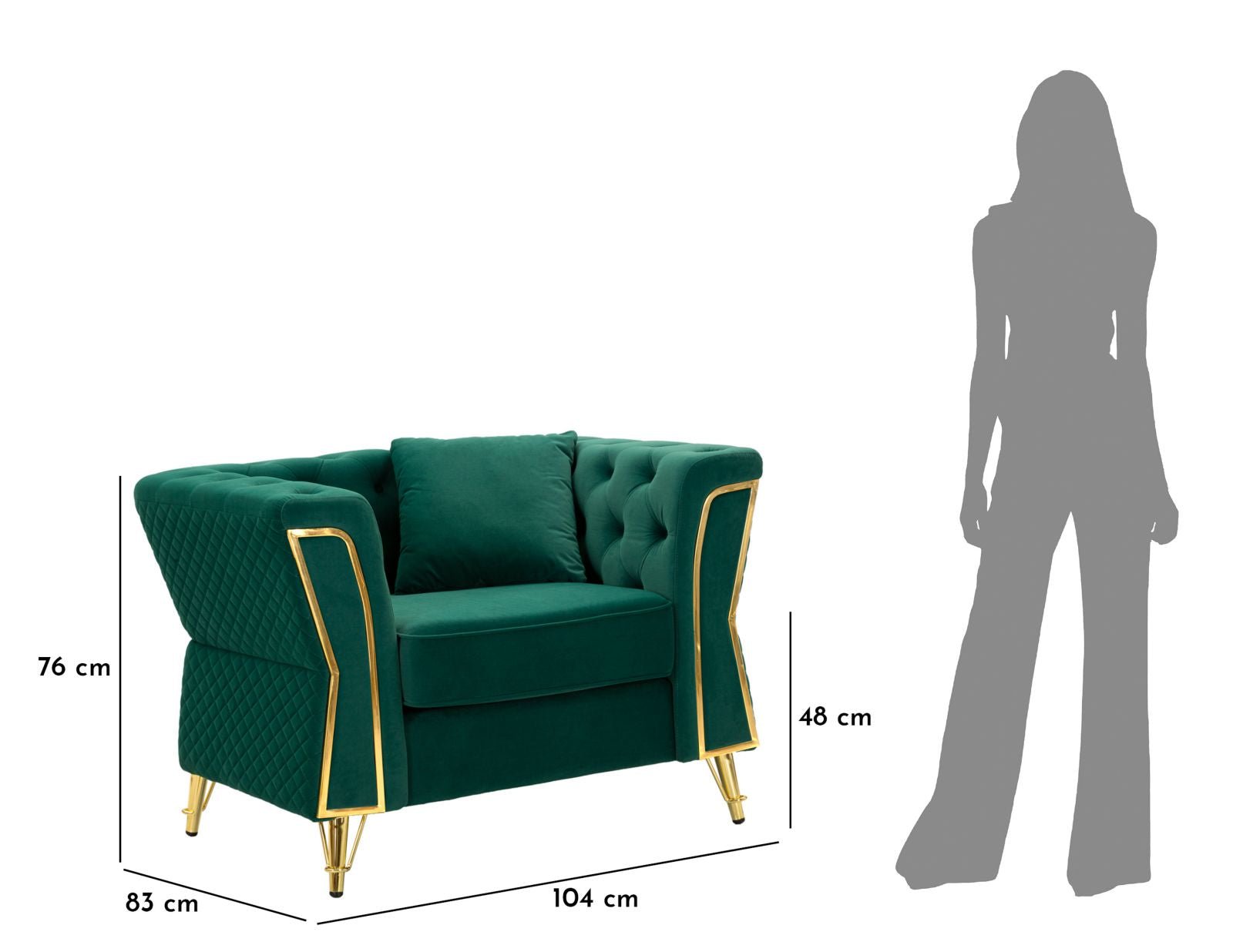 Poltrona Emy Green com Almofada - Madeira e Veludo Verde com Pernas Douradas - 104 cm x 83 cm x 76 cm - A minha loja