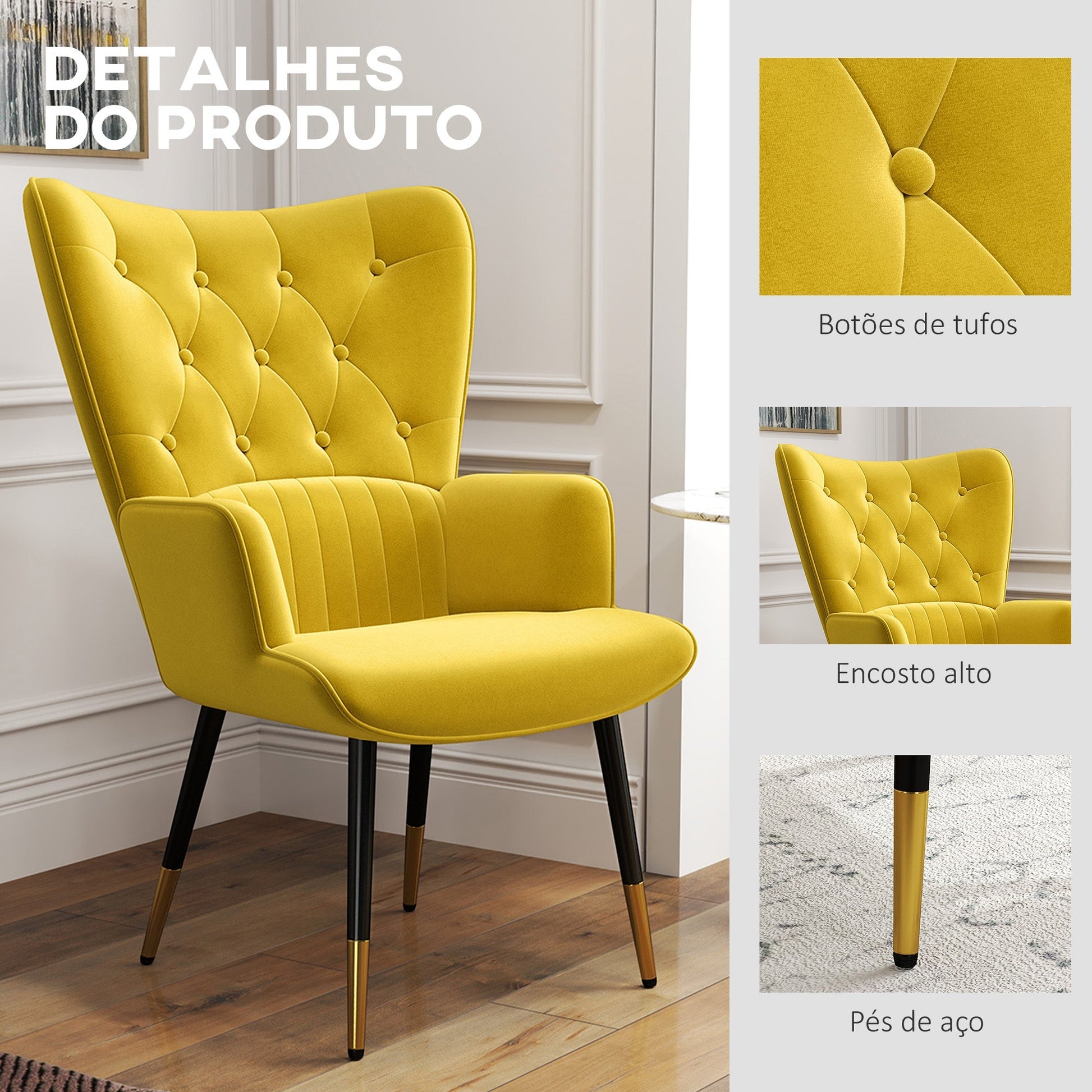 Poltrona Land Individual - Estofada em Veludo com Encosto Alto e Pés de Aço – 68x72x103 cm – Amarelo - A minha loja