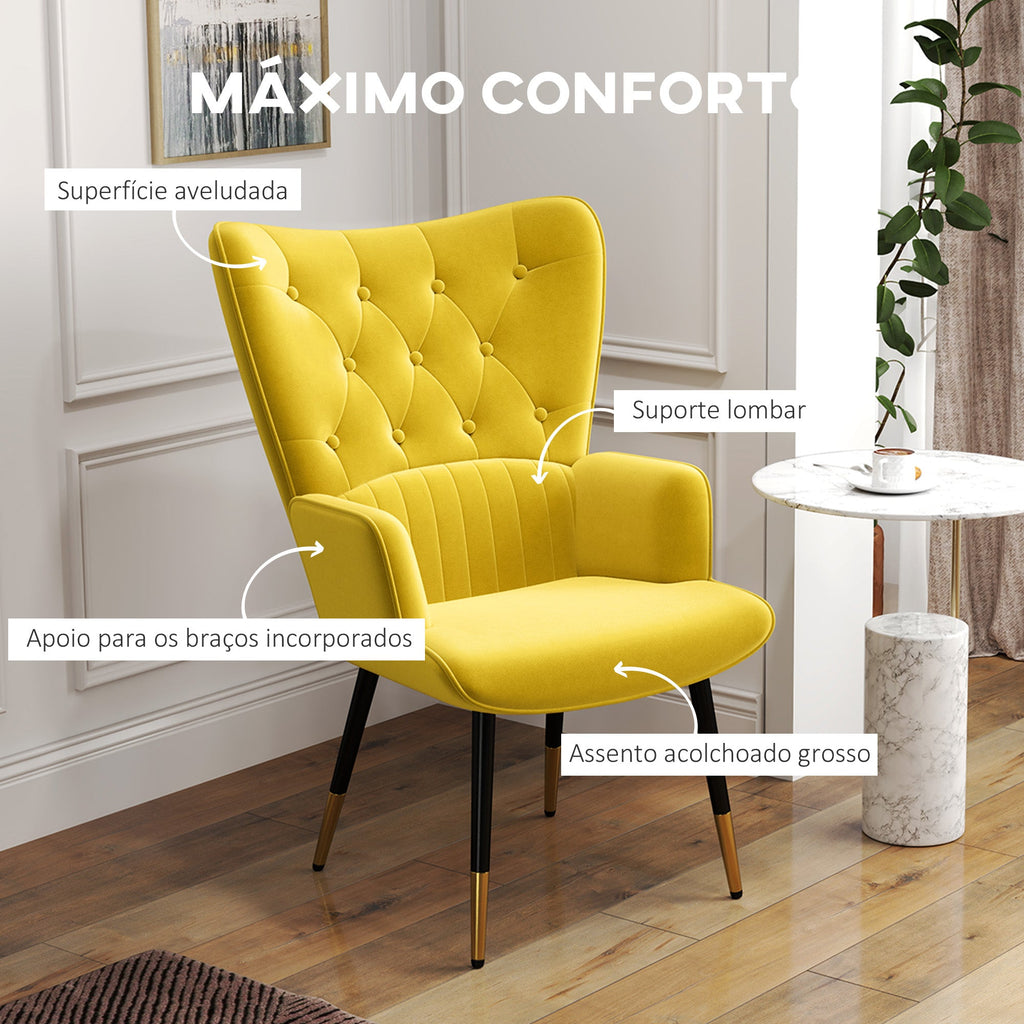 Poltrona Land Individual - Estofada em Veludo com Encosto Alto e Pés de Aço – 68x72x103 cm – Amarelo - A minha loja