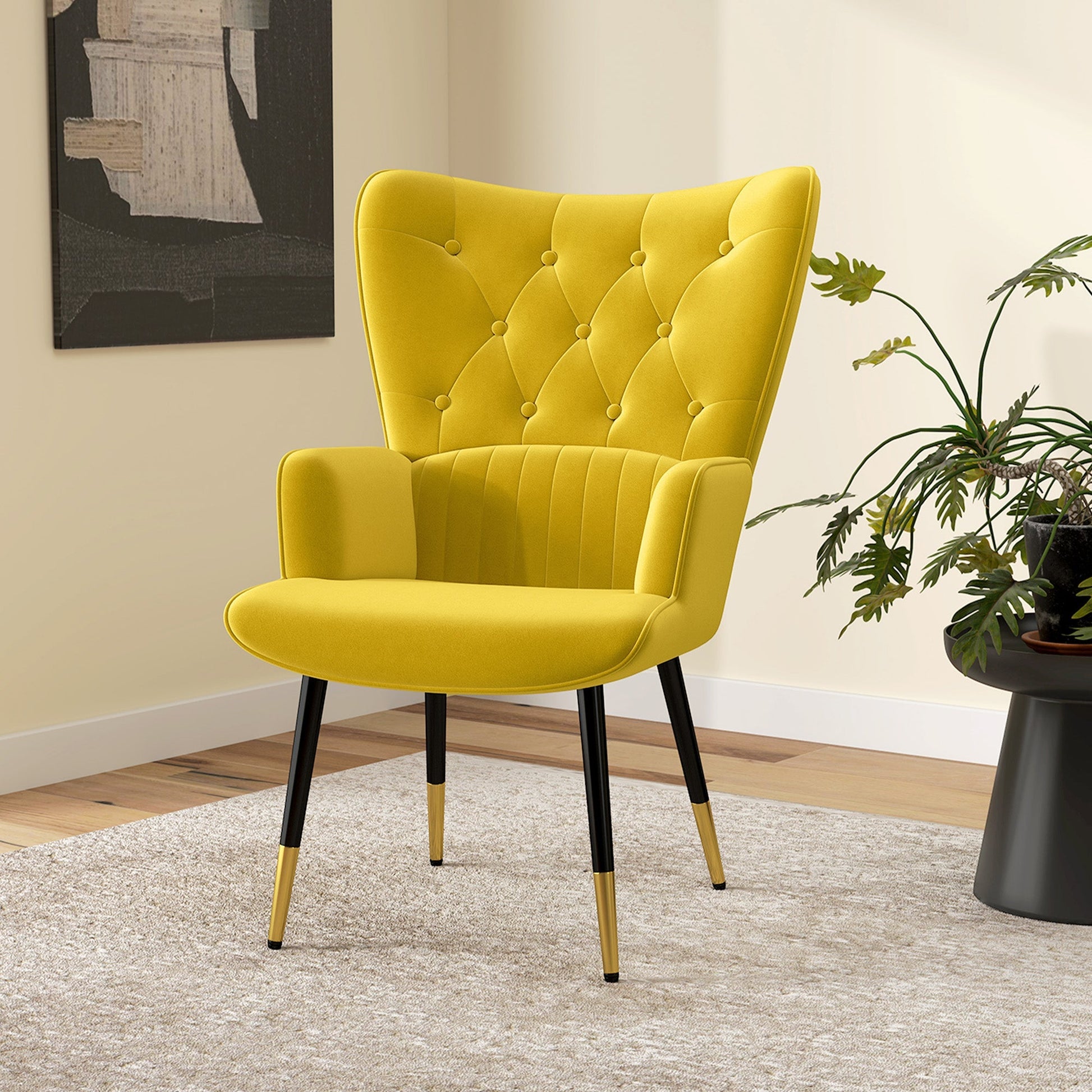 Poltrona Land Individual - Estofada em Veludo com Encosto Alto e Pés de Aço – 68x72x103 cm – Amarelo - A minha loja