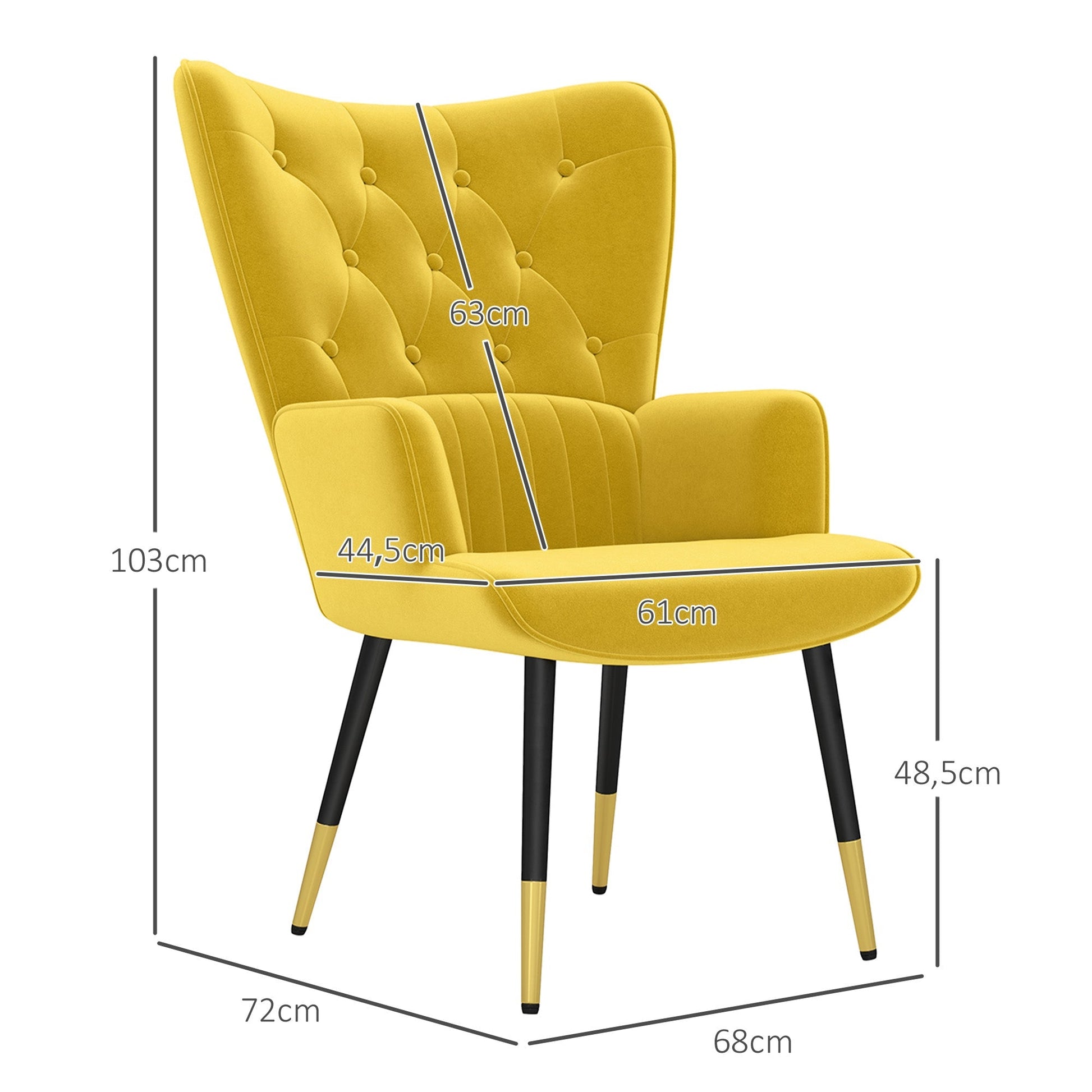 Poltrona Land Individual - Estofada em Veludo com Encosto Alto e Pés de Aço – 68x72x103 cm – Amarelo - A minha loja