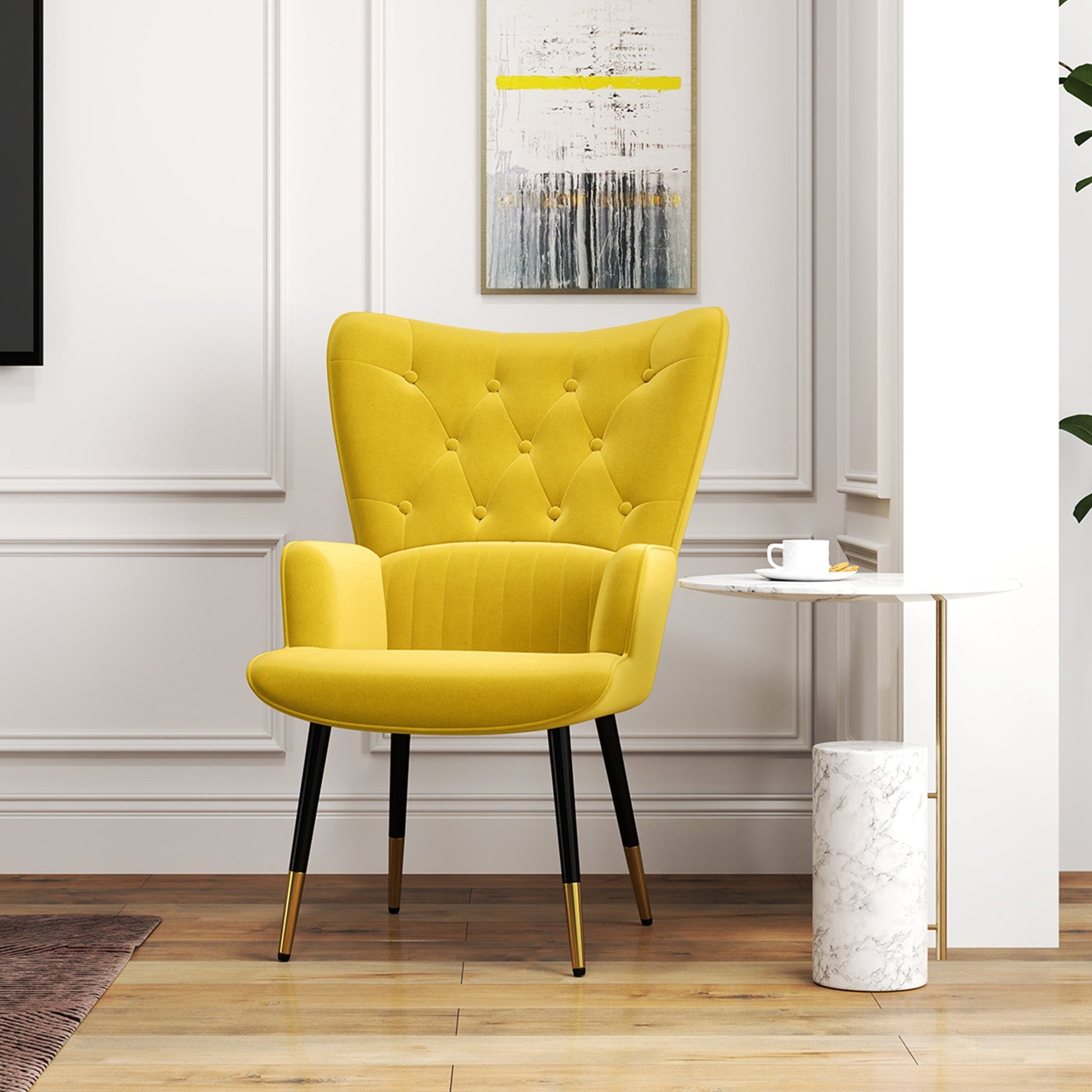 Poltrona Land Individual - Estofada em Veludo com Encosto Alto e Pés de Aço – 68x72x103 cm – Amarelo - A minha loja