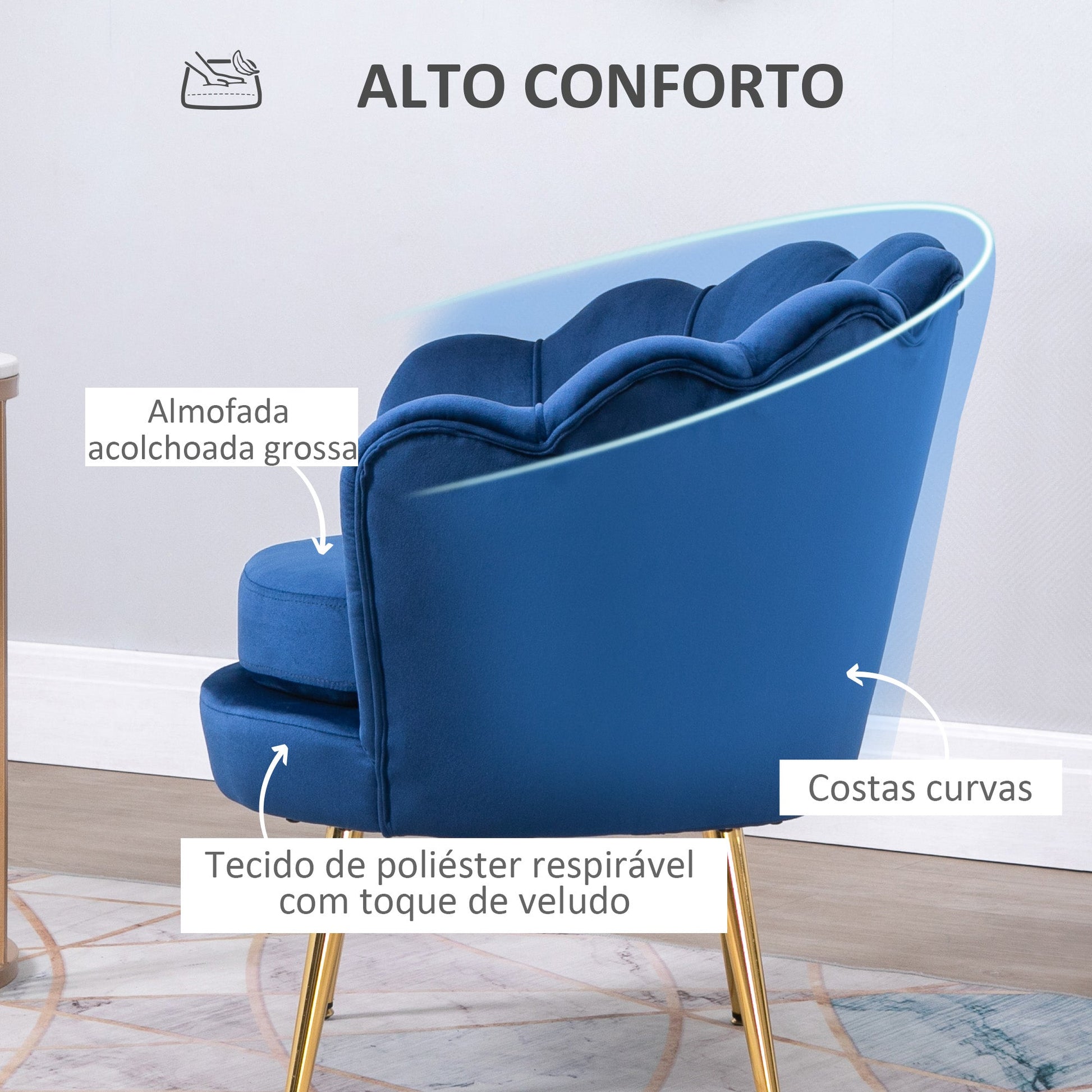 Poltrona "Lisboa" – 76x67x74 cm – Azul e Dourado – Veludo – Design Vintage - A minha loja