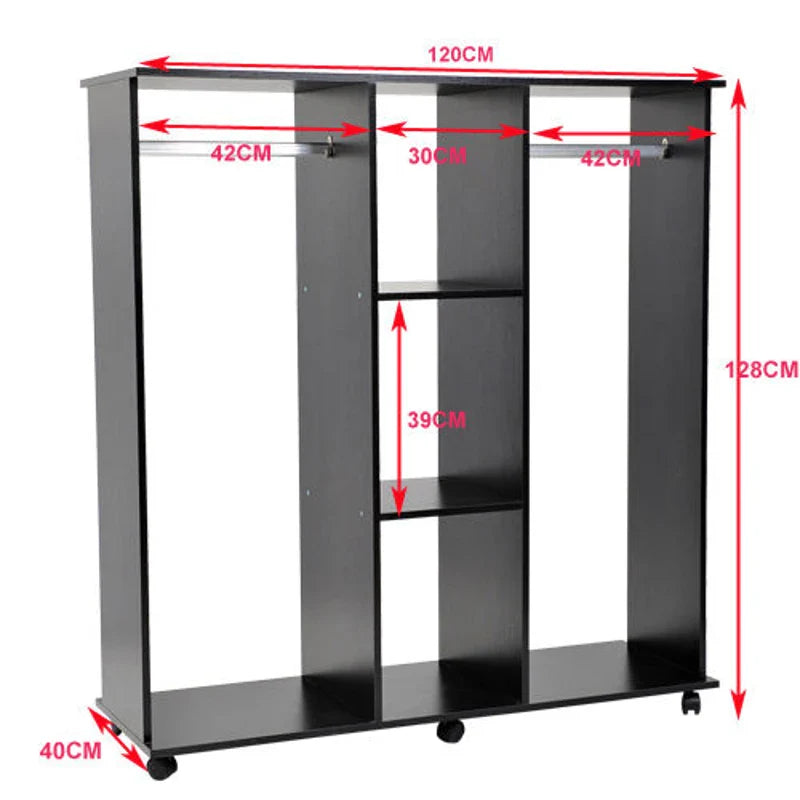 Roupeiro de Madeira Móvel Armário Roupeiro Aberto com 2 Barras para Pendurar e 3 Prateleiras Organizadoras para Dormitório 120x40x128cm Preto