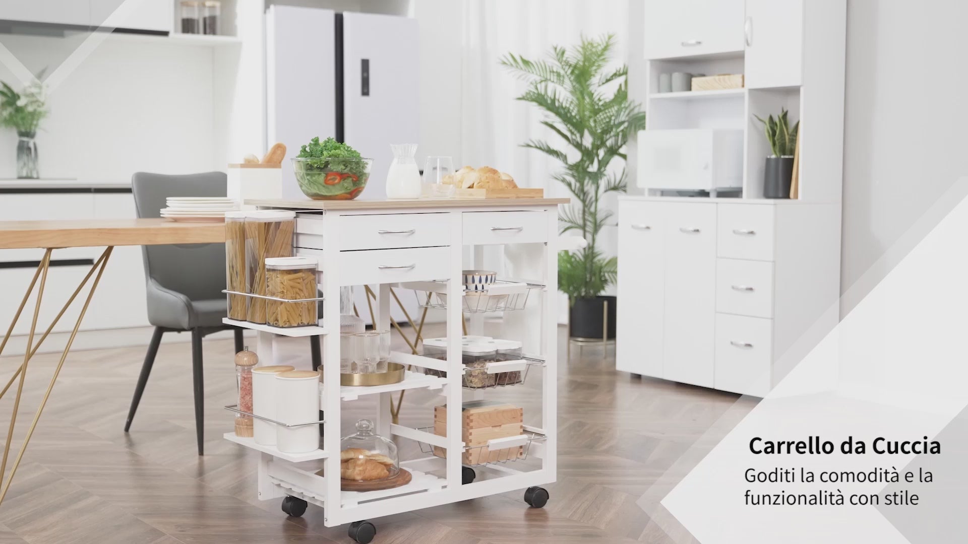 Carrinho de cozinha Carrinho de serviço multifuncional com gavetas Cestas Prateleiras de especiarias Toalheiro Rodas 92x37x82 cm Branco
